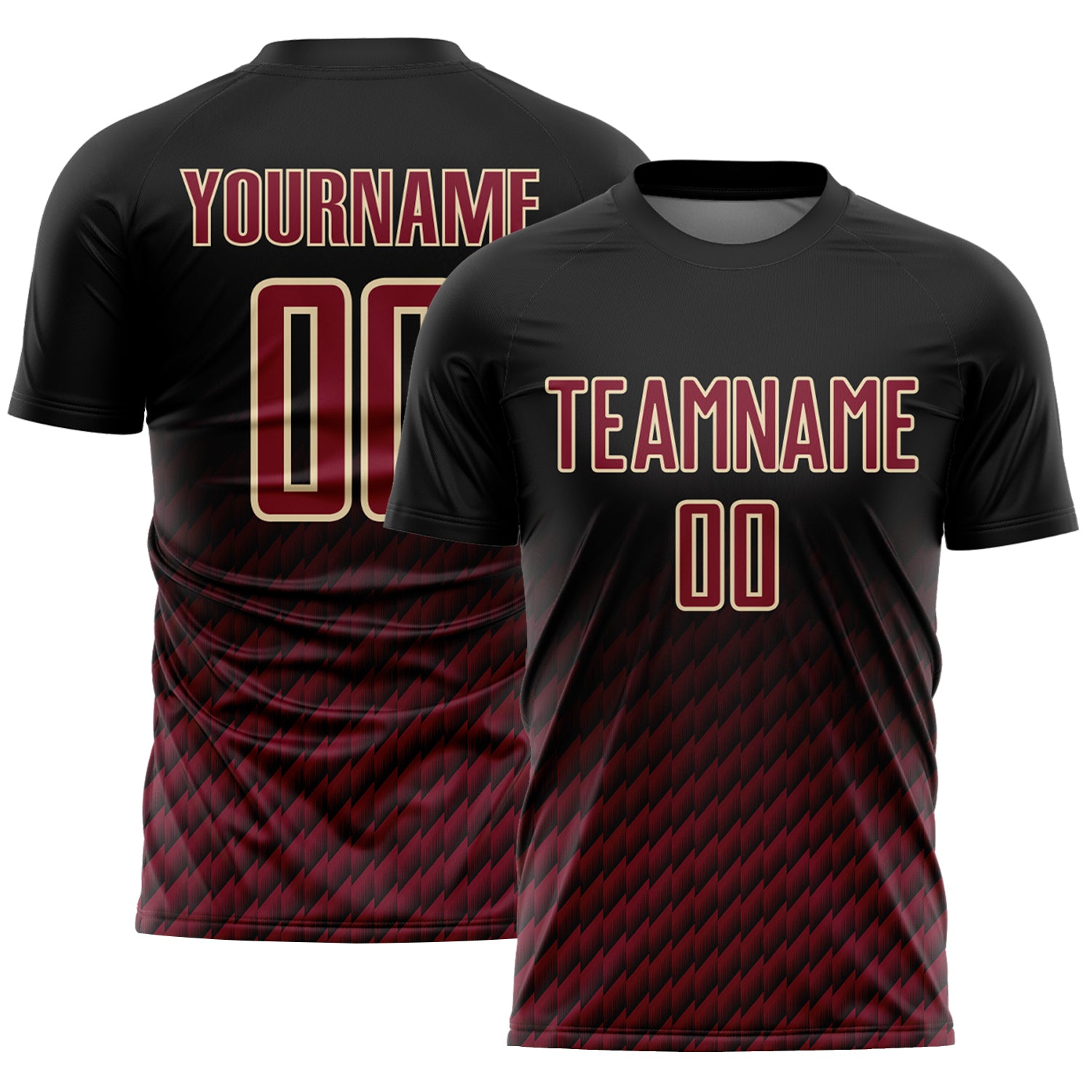 Custom Black Crimson-Cream Geometric Wave Gradient Sublimation Soccer Uniform Jersey