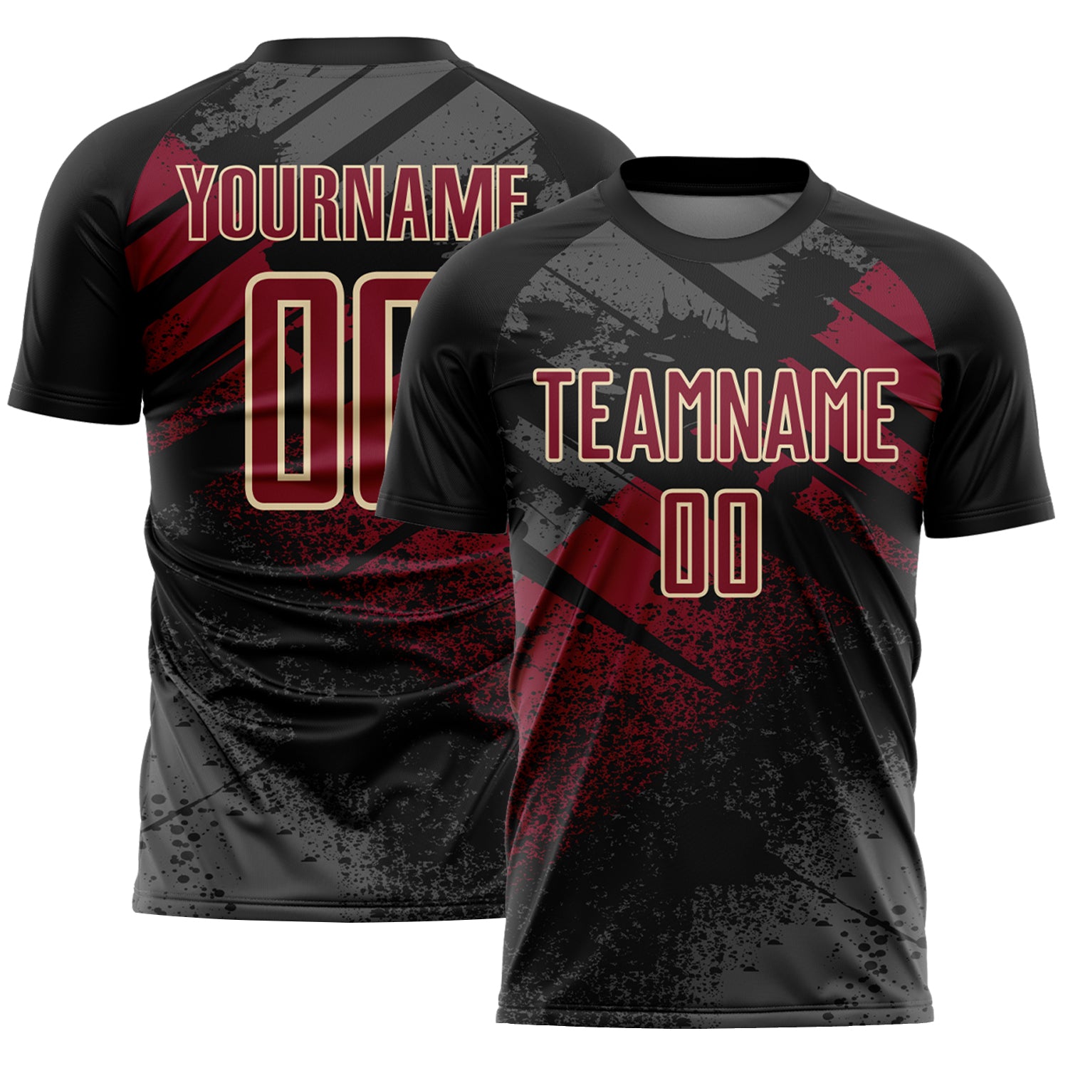 Custom Black Crimson-Cream Grunge Splatter Brush Stroke Sublimation Soccer Uniform Jersey
