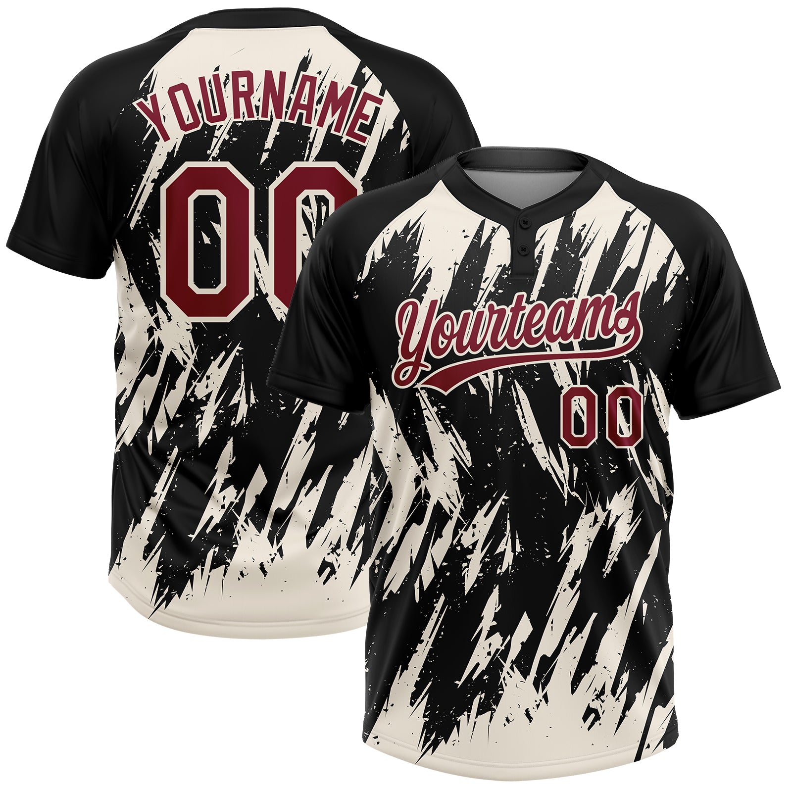 Custom Black Crimson-Cream Splatter Torn Sharp Brush Stroke Two-Button Unisex Softball Jersey
