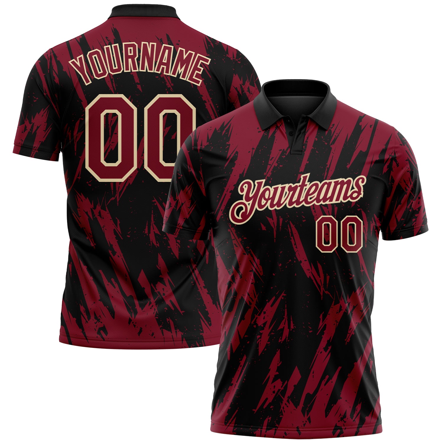 Custom Black Crimson-Cream Torn Sharp Brush Stroke Splatter Performance Polo Shirt
