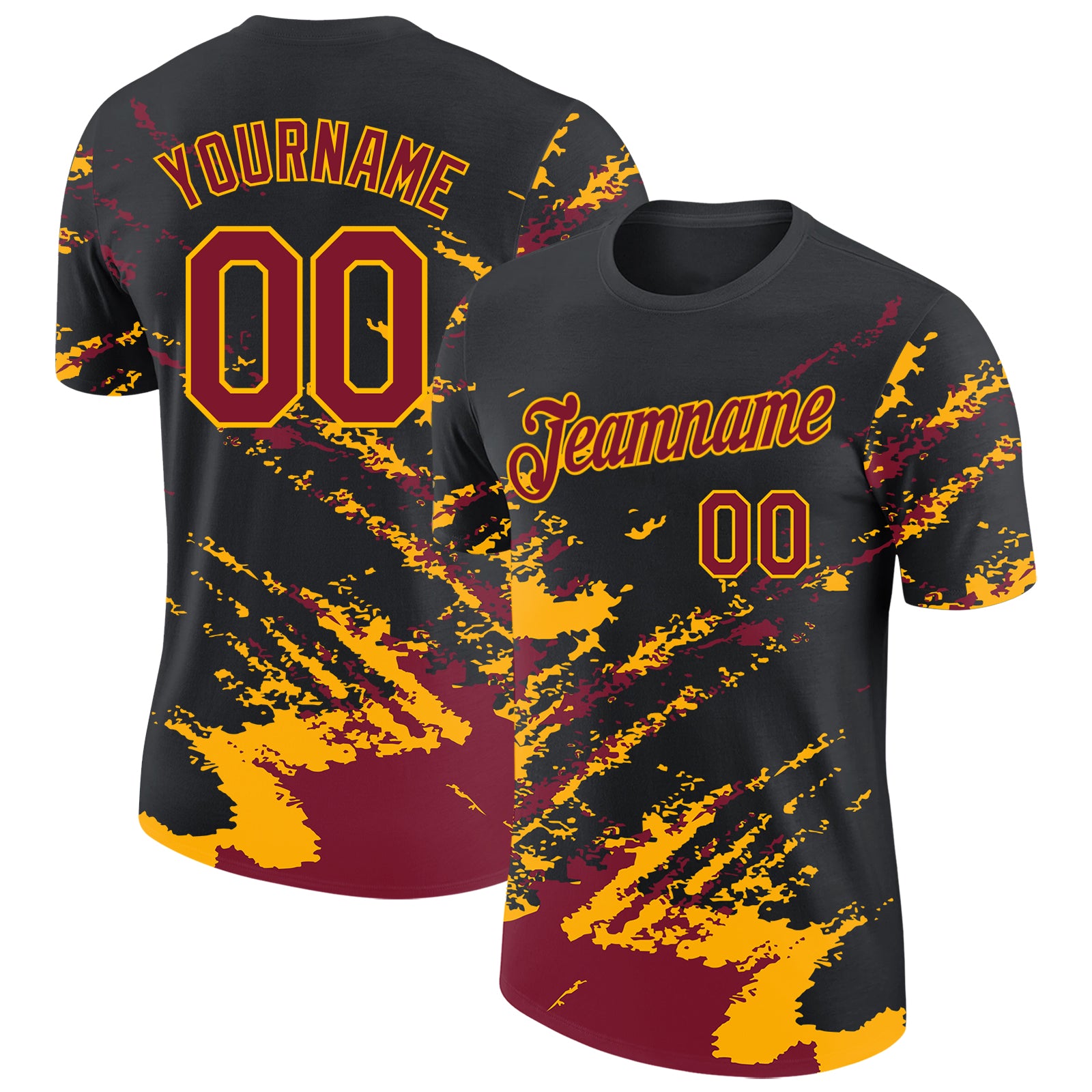Custom Black Crimson-Gold Brush Stroke Shatter Splatter Performance T-Shirt