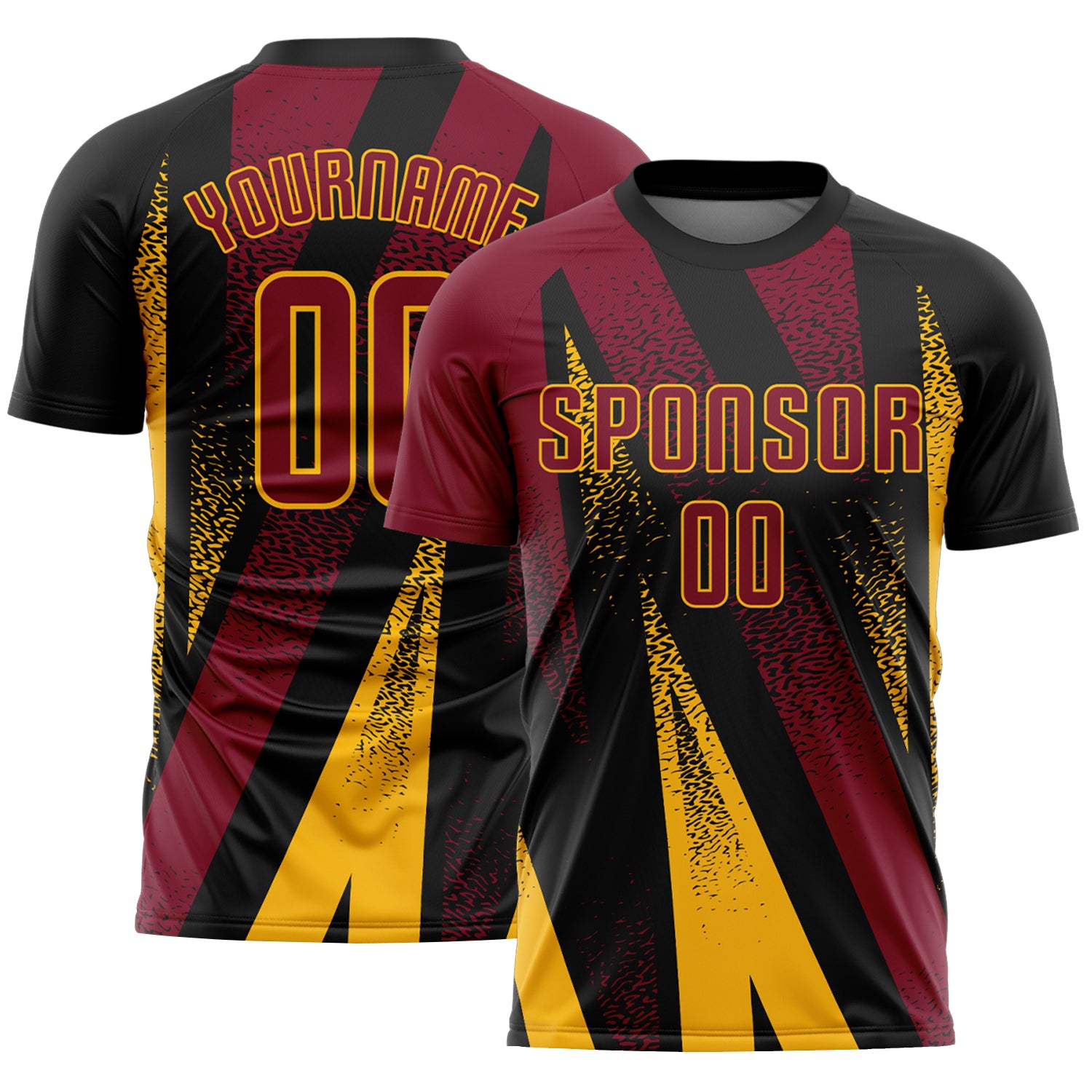 Custom Black Crimson-Gold Radial Burst Sports Sublimation Soccer Uniform Jersey