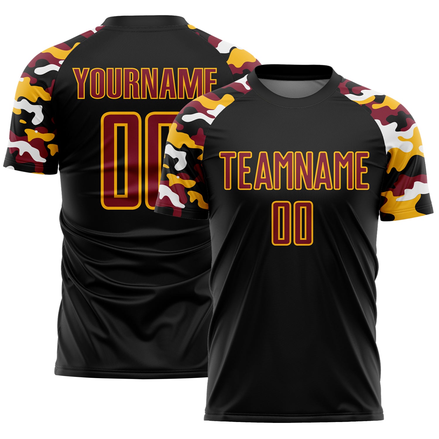 Custom Black Crimson Gold-White Digital Camo Raglan Sleeves Sublimation Soccer Uniform Jersey