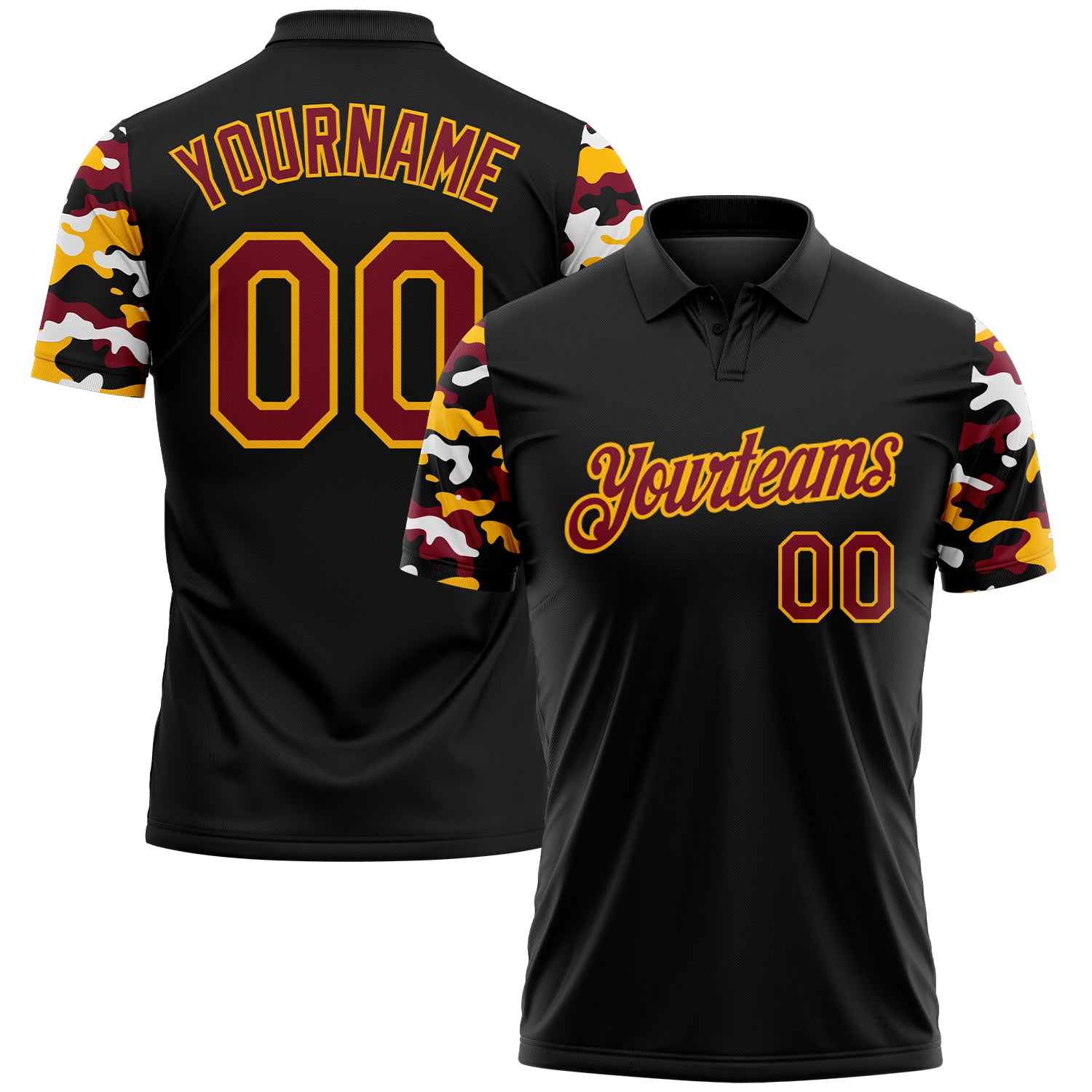 Custom Black Crimson Gold-White Digital Camo Two Tone Performance Polo Shirt