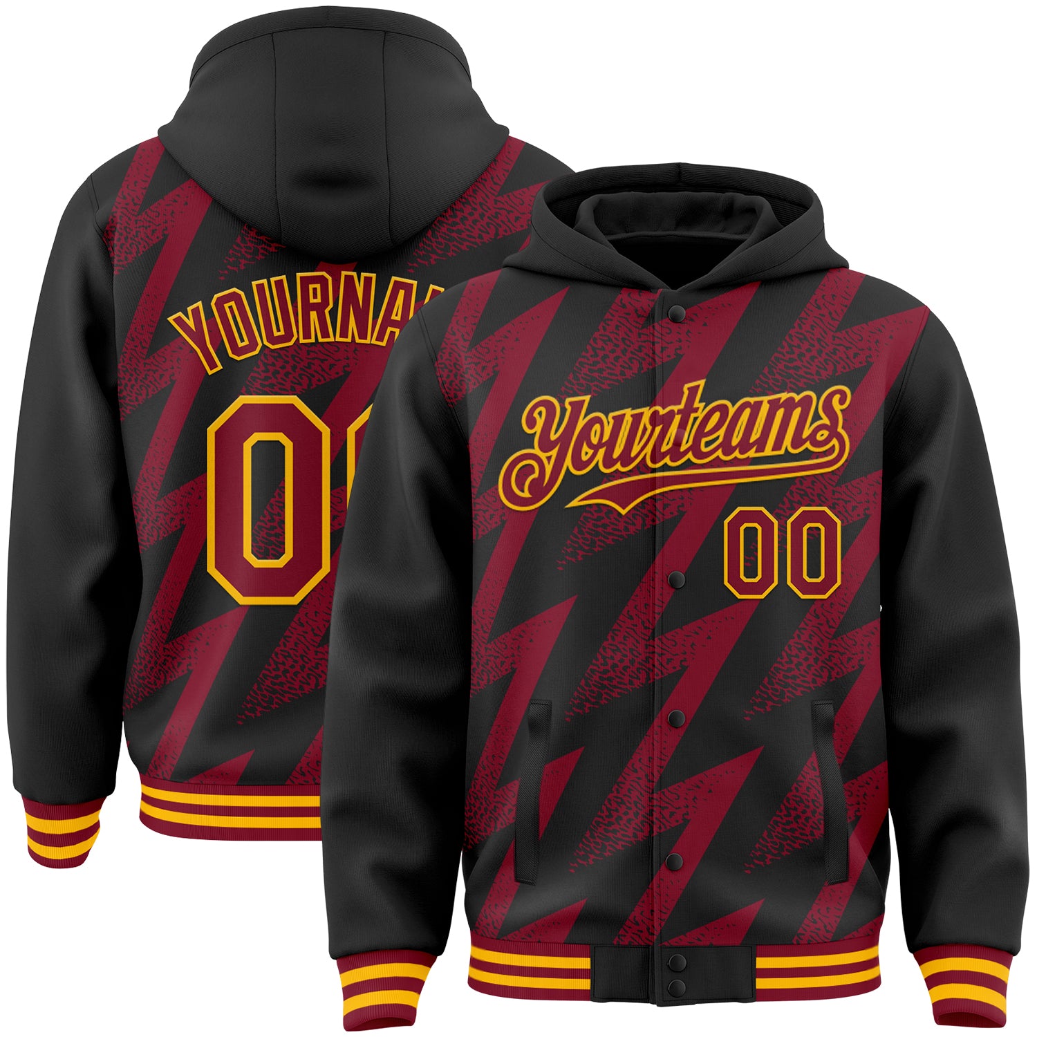 Custom Black Crimson-Gold Zigzag Shape 3D Pattern Design Bomber Full-Snap Varsity Letterman Hoodie Jacket