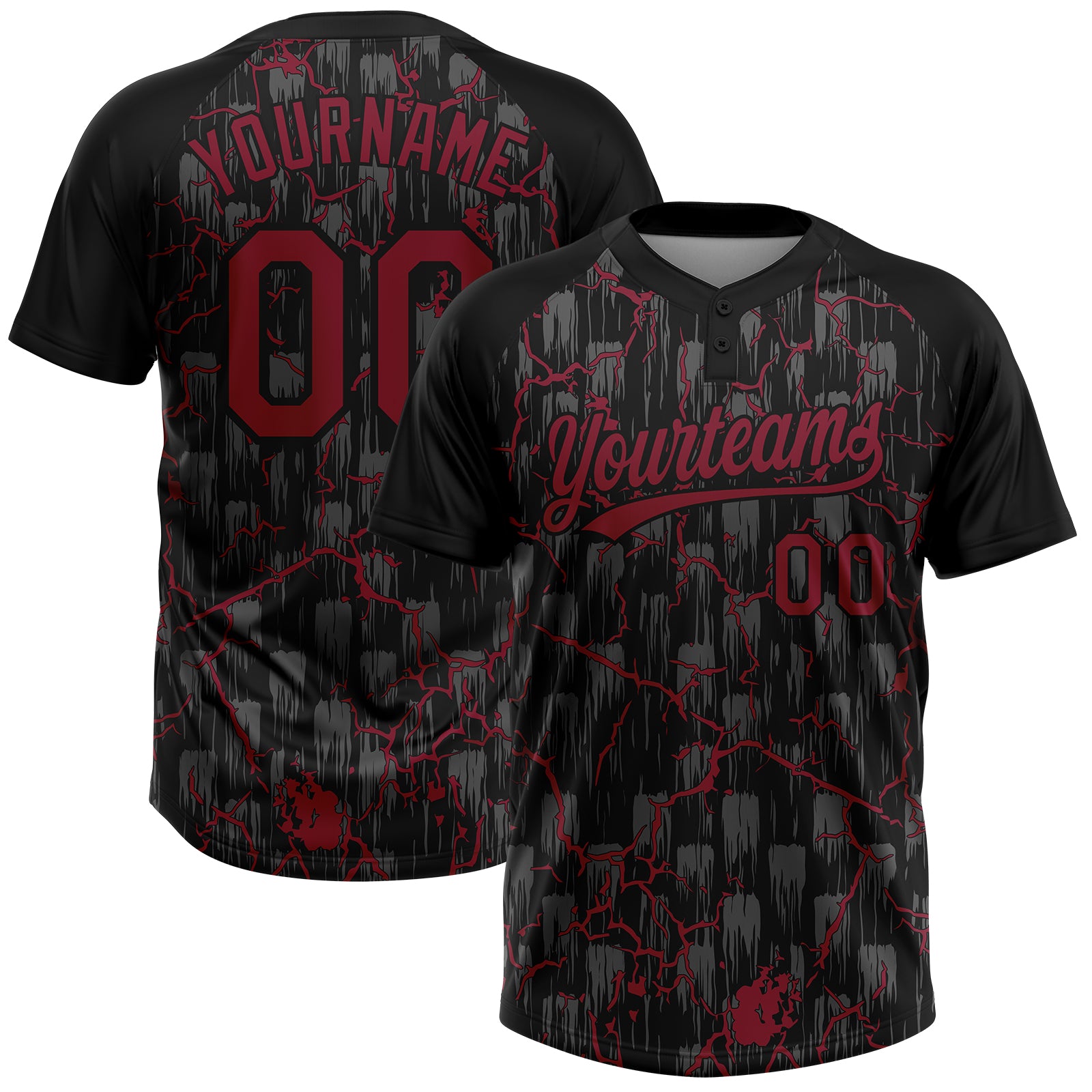 Custom Black Crimson-Gray Raglan Sleeves Neon Lightning Crackle Two-Button Unisex Softball Jersey
