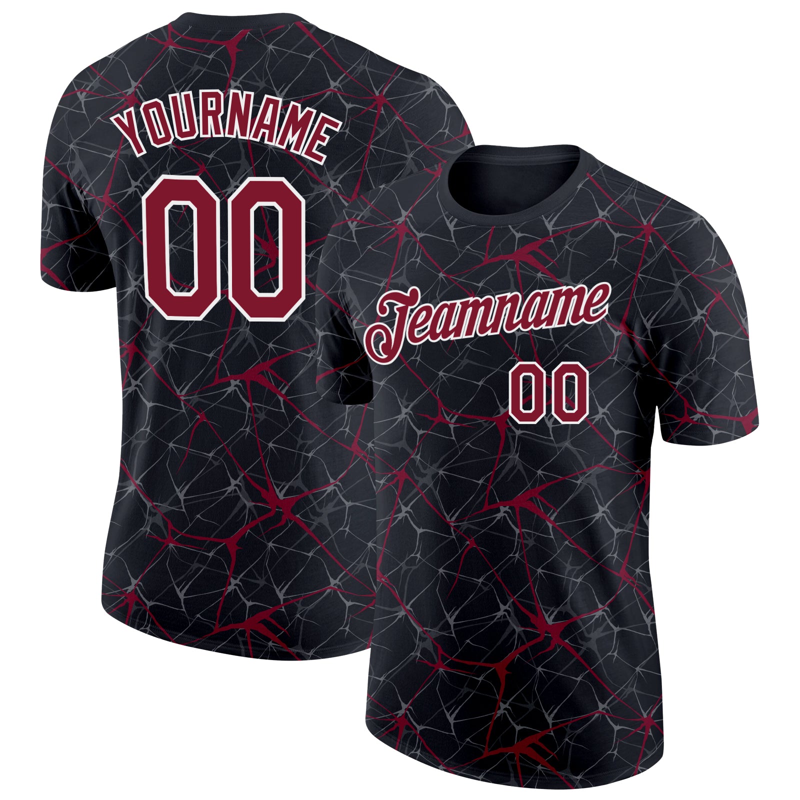 Custom Black Crimson Gray-White Abstract Network Crackle Performance T-Shirt