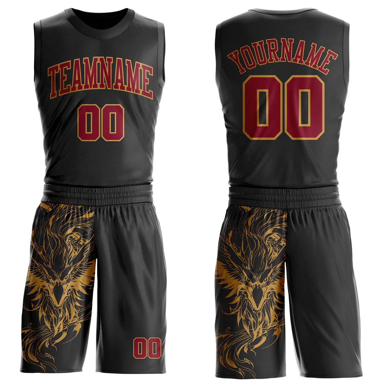 Custom Black Crimson-Old Gold Wing Boho Style Round Neck Sublimation Basketball Uniform Jersey