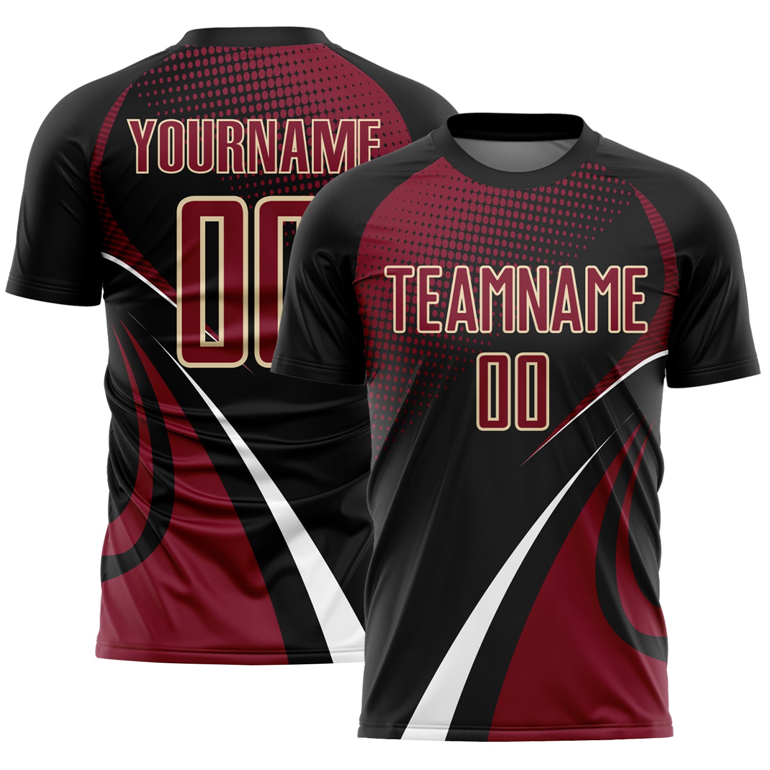 Custom Black Crimson White-Cream Halftone Dot Dynamic Curve Stripe Sublimation Soccer Uniform Jersey