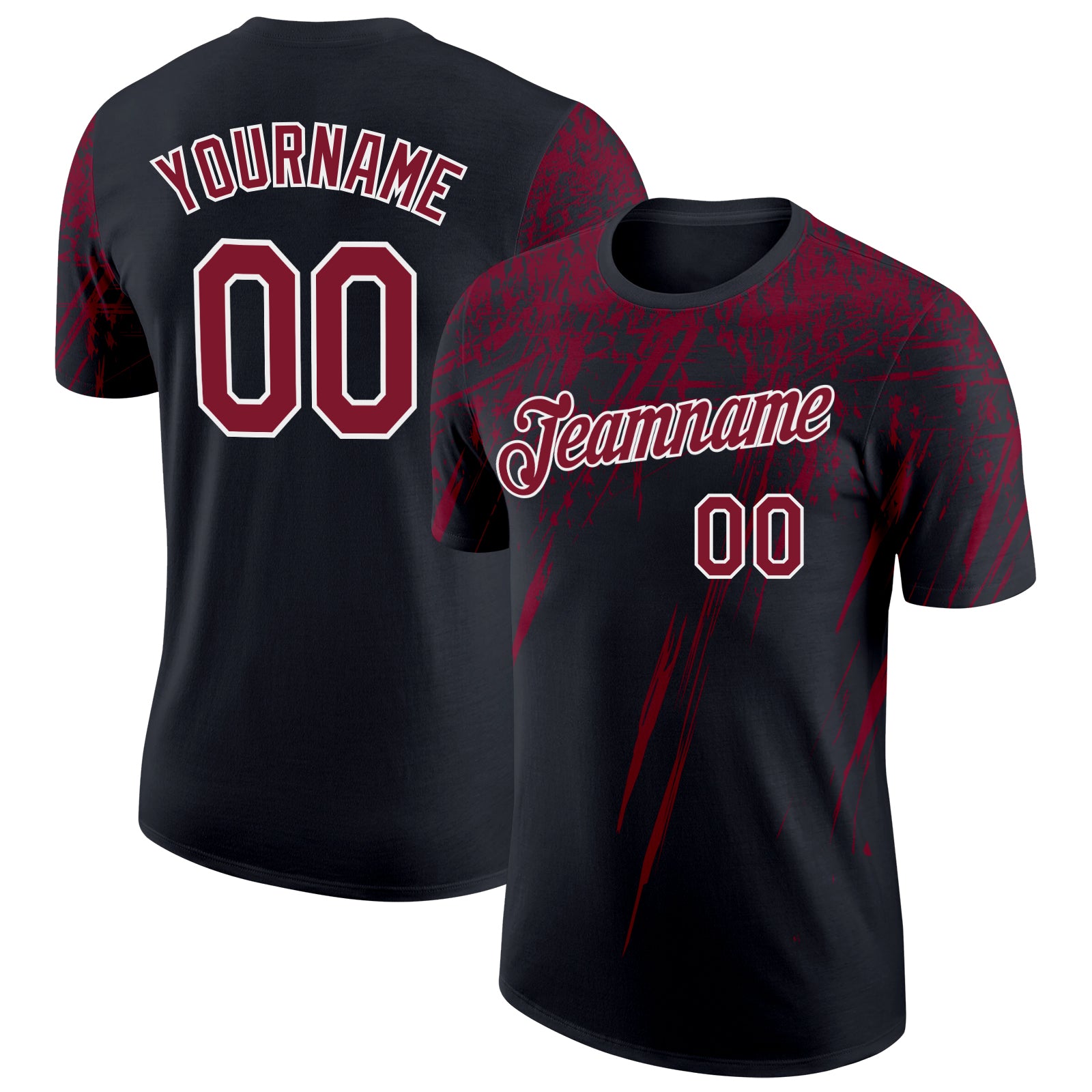Custom Black Crimson-White Distressed Scratch Brush Stroke Performance T-Shirt