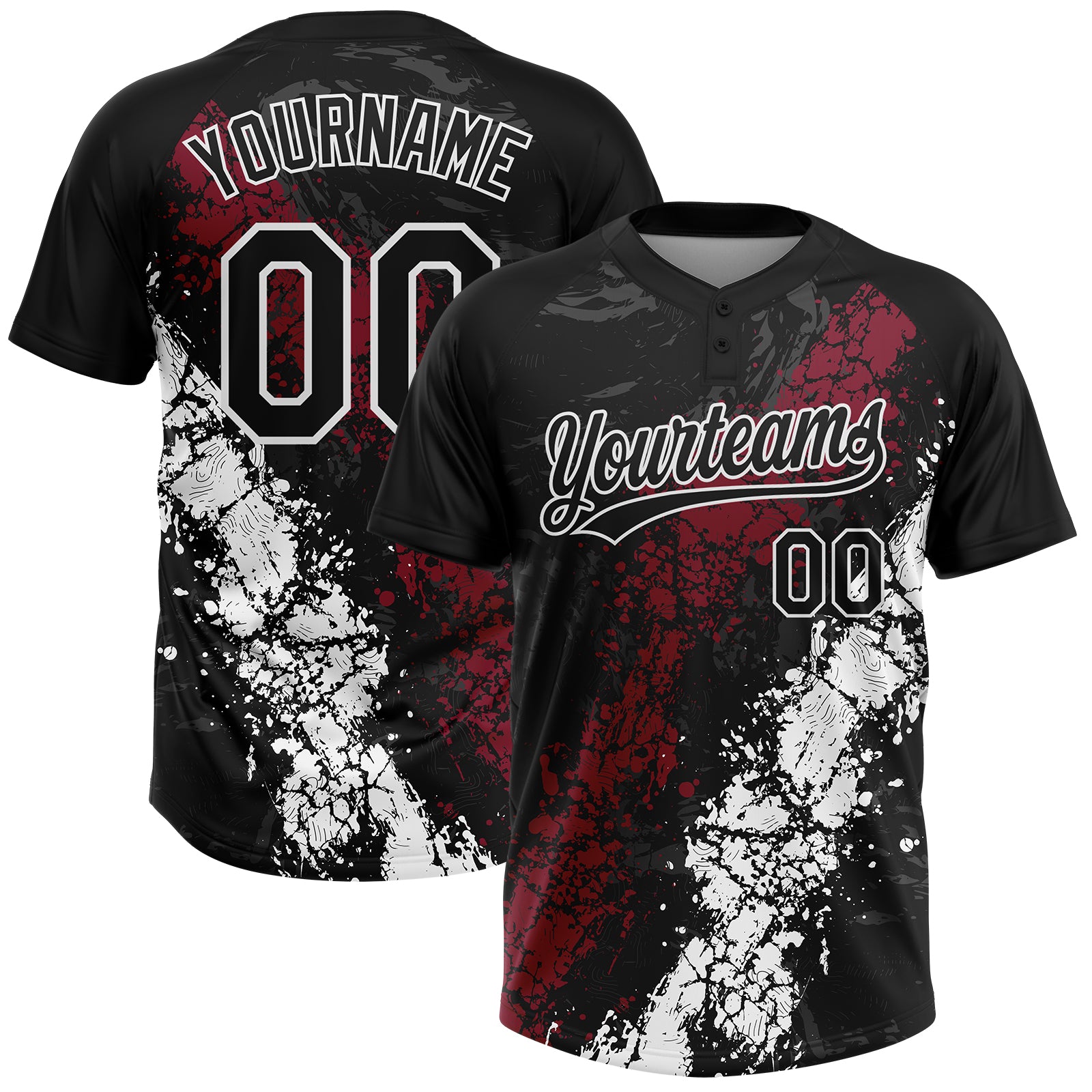 Custom Black Crimson-White Dripping Splatter Cracked Texture Two-Button Unisex Softball Jersey
