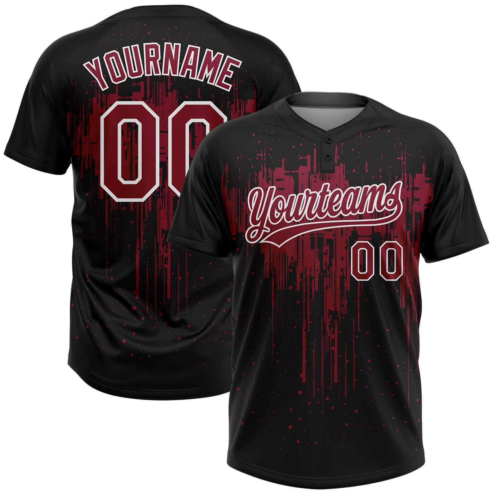 Custom Black Crimson-White Dripping Splatter Paint Two-Button Unisex Softball Jersey