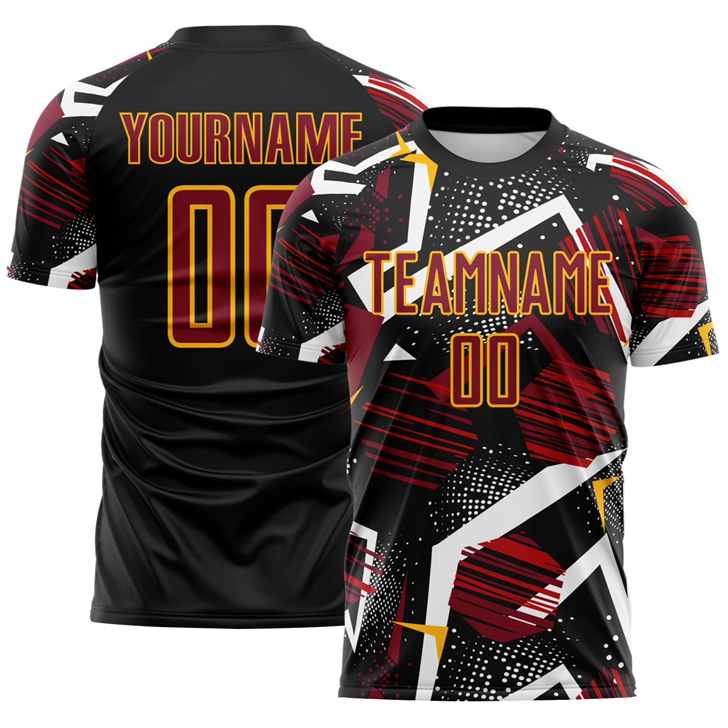 Custom Black Crimson White-Gold Geometric Asymmetry Shatter Sublimation Soccer Uniform Jersey