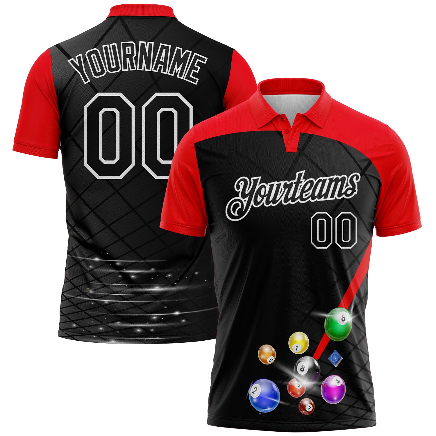 Custom Black Fire Red-White Billiard Balls Performance Polo Shirt