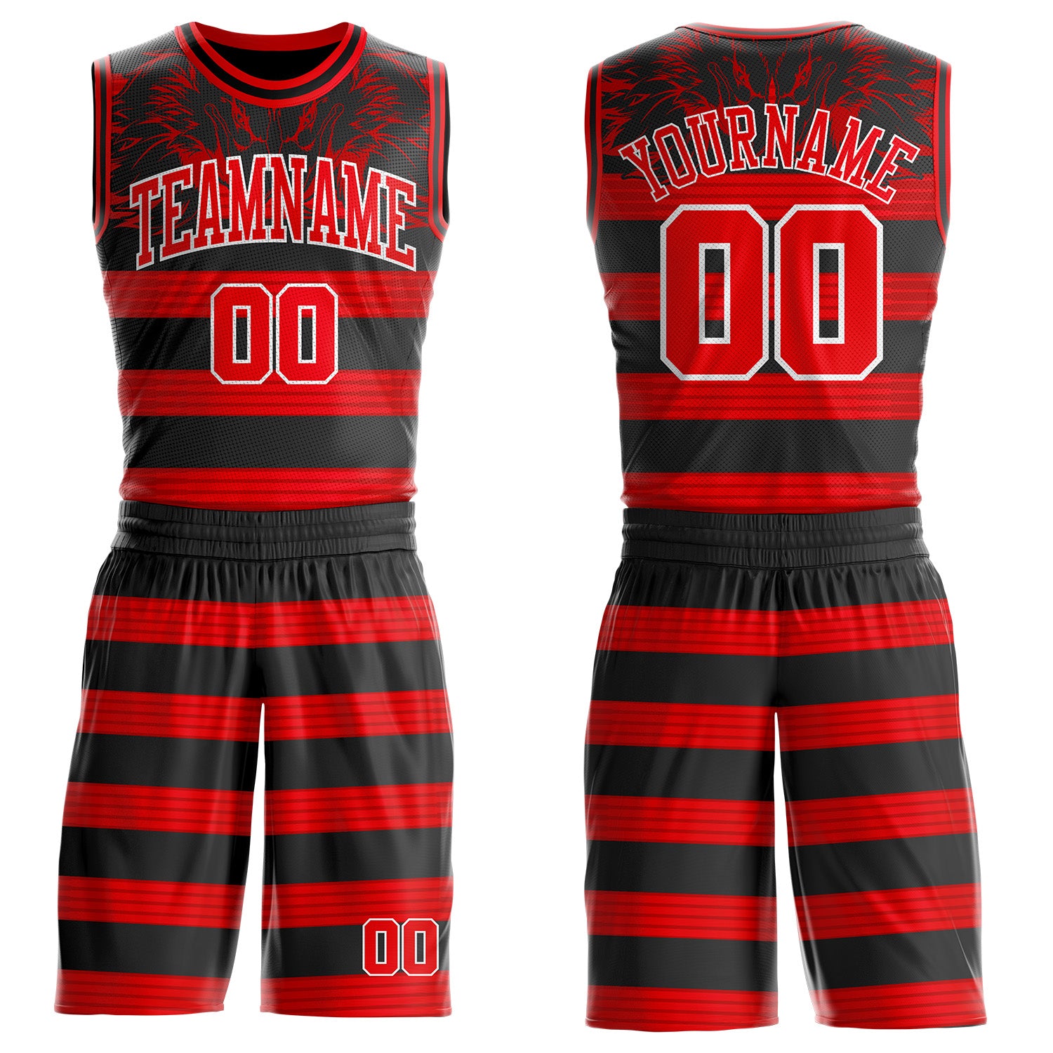 Custom Black Fire Red-White Wing Stripe Boho Style Round Neck Sublimation Basketball Uniform Jersey