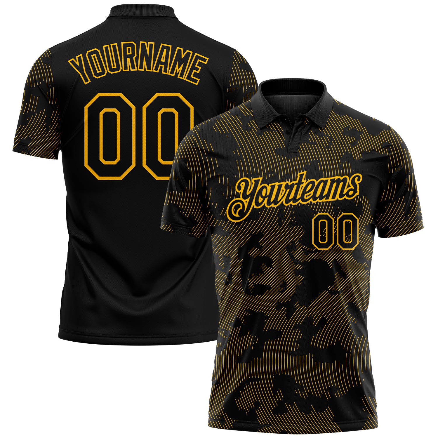 Custom Black-Gold 3D Pattern Abstract Fluid Line Performance Polo Shirt