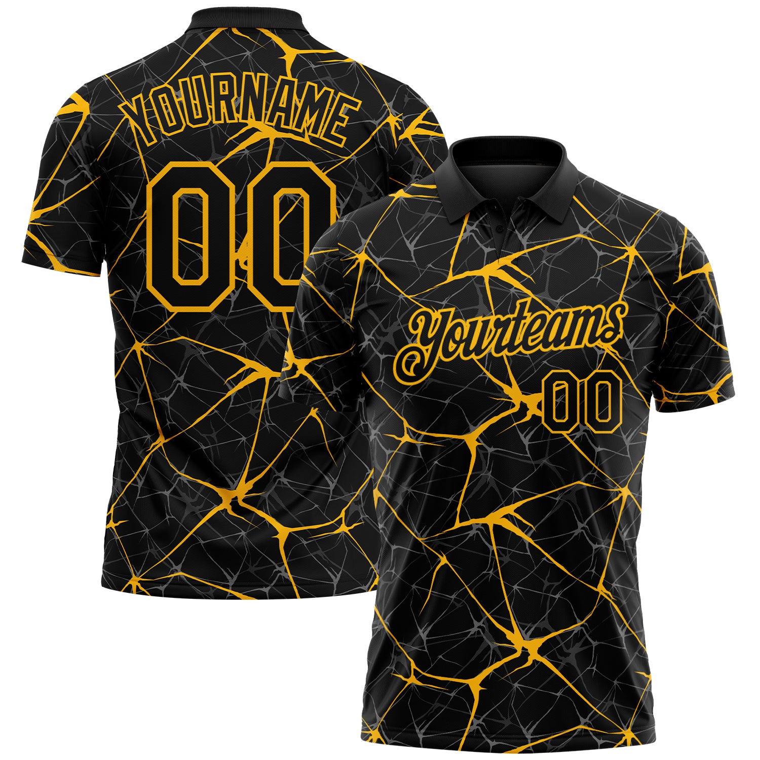 Custom Black-Gold 3D Pattern Abstract Network Crackle Performance Polo Shirt