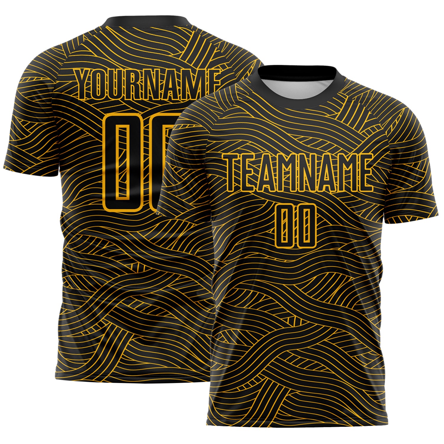 Custom Black-Gold Abstract Wave Lines Interlocking Sublimation Soccer Uniform Jersey