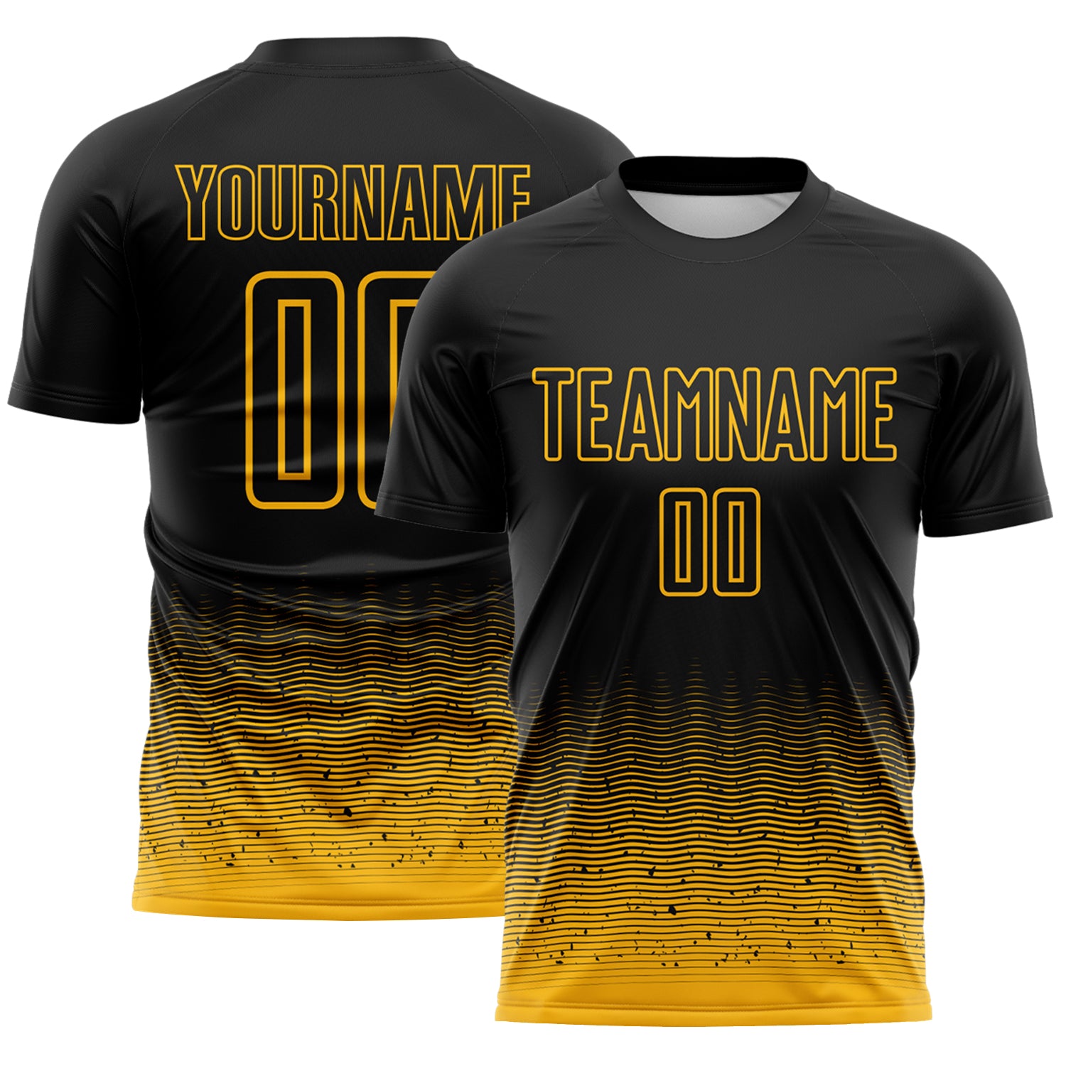 Custom Black-Gold Fade Wave Lines Splatter Sublimation Soccer Uniform Jersey