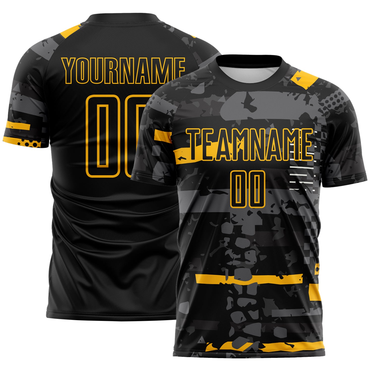 Custom Black Gold-Gray Abstract Geometric Stripe Fragment Sublimation Soccer Uniform Jersey