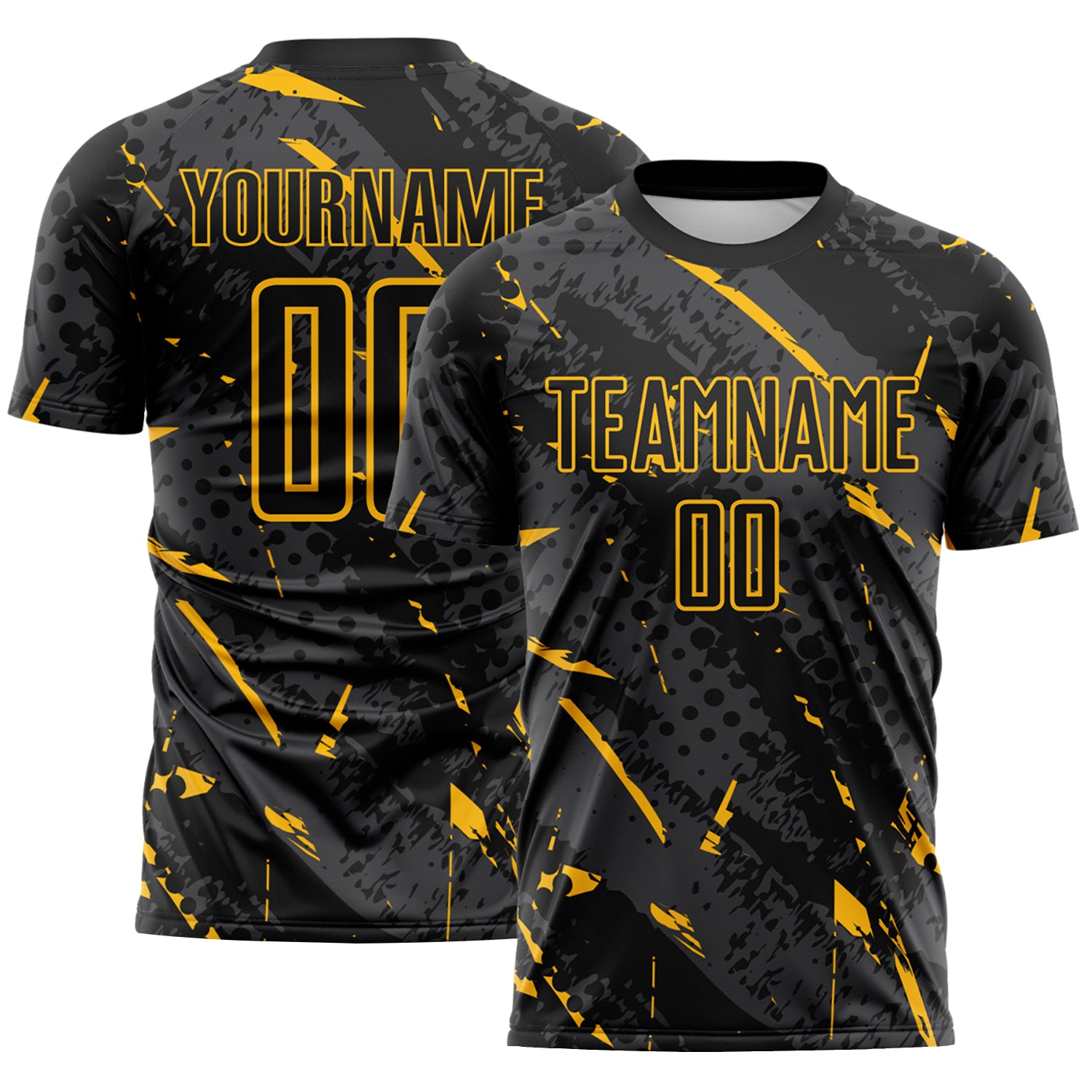 Custom Black Gold-Gray Brush Stroke Slashes And Dot Grid Sublimation Soccer Uniform Jersey