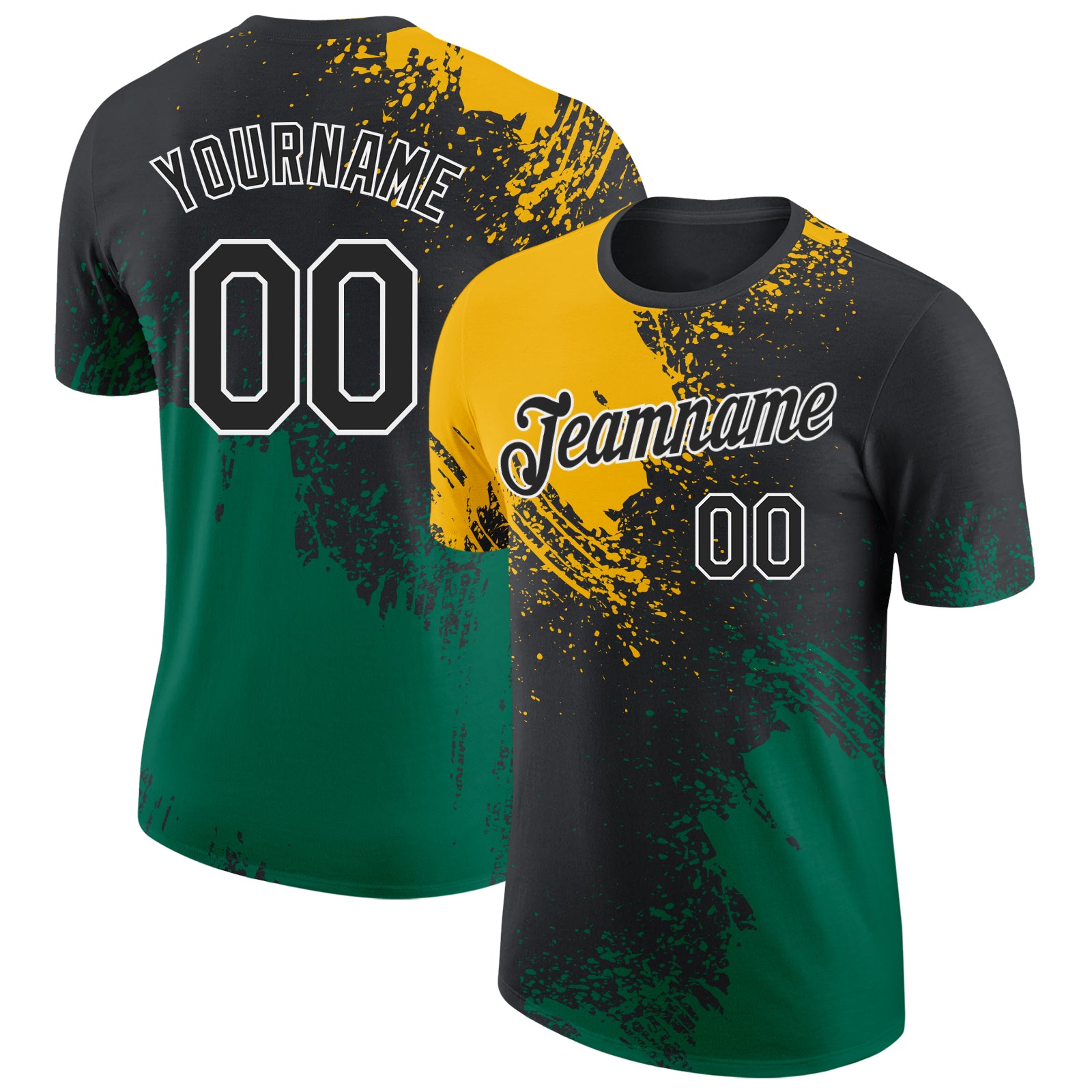 Custom Black Gold Kelly Green-White Abstract Brush Stroke Performance T-Shirt