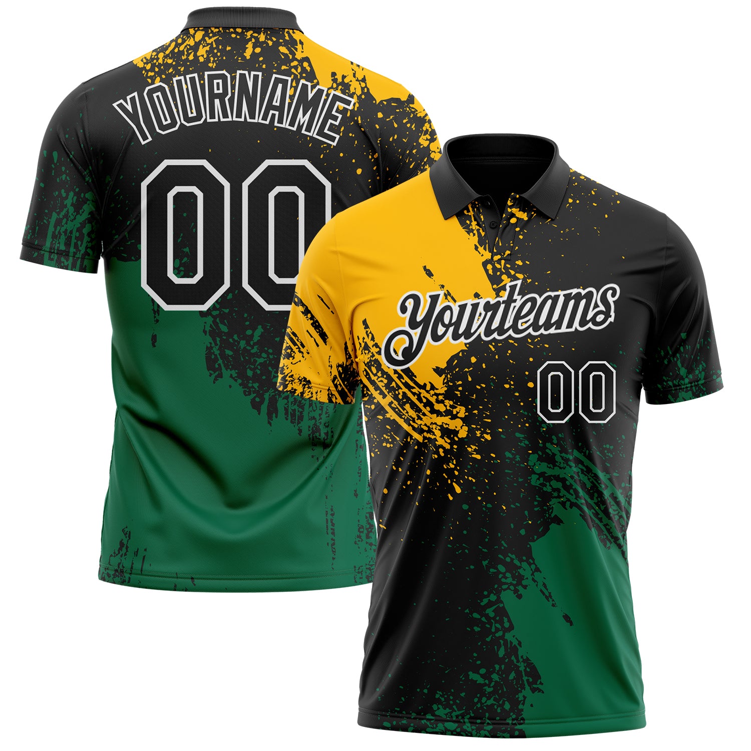 Custom Black Gold Kelly Green-White Distressed Scratch Brush Stroke Performance Polo Shirt