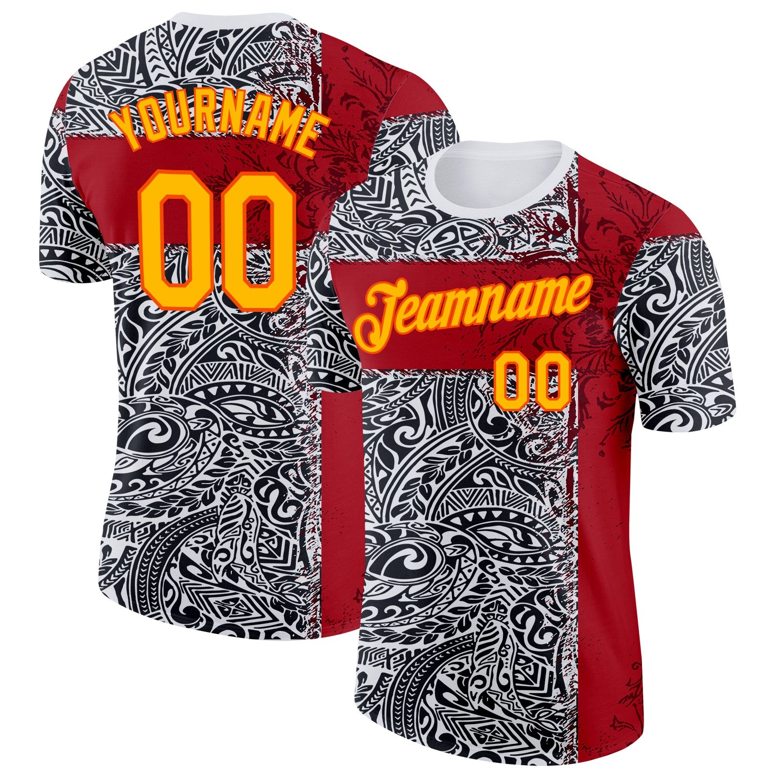 Custom Black Gold Red Orange-White England Polynesian Tribal Performance T-Shirt