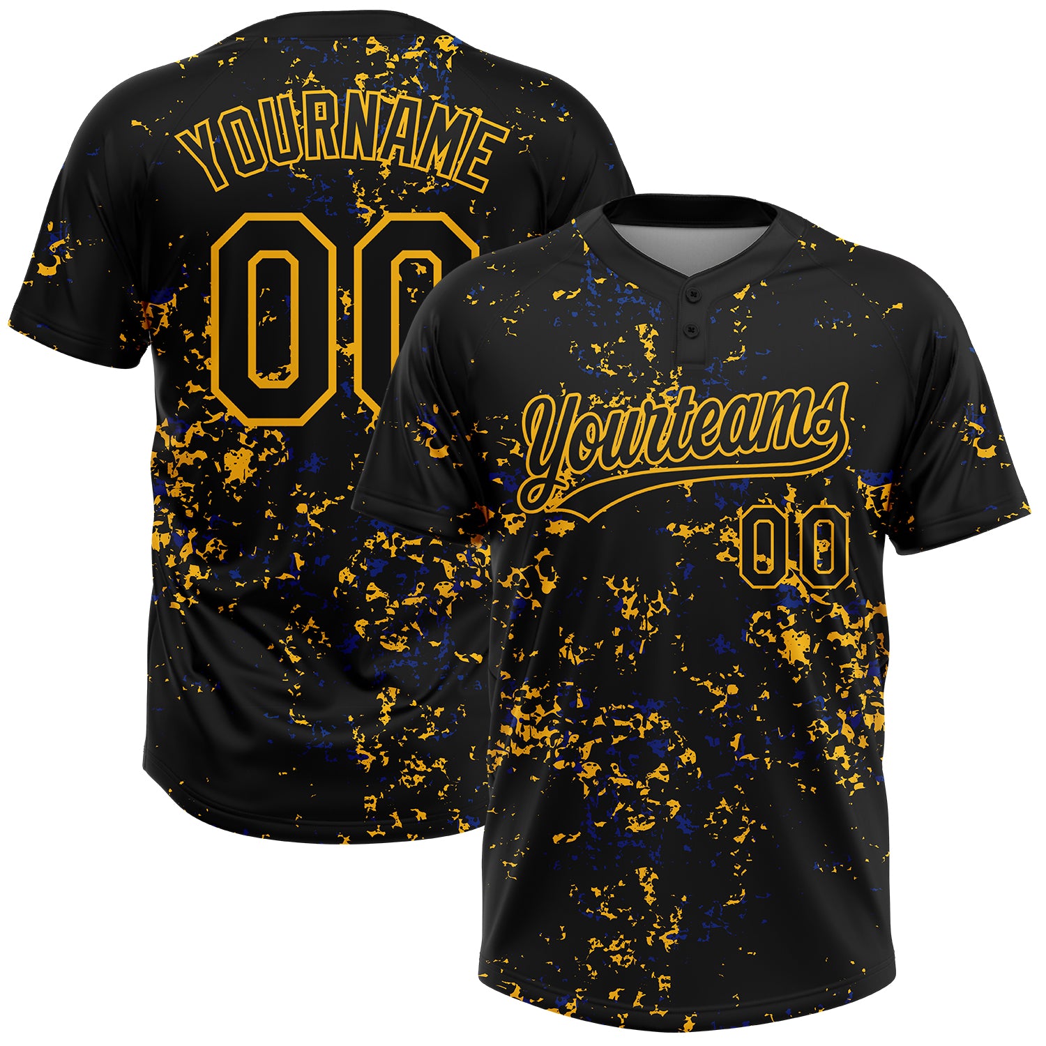 Custom Black Gold-Royal Abstract Shattered Paint Splatter Two-Button Unisex Softball Jersey