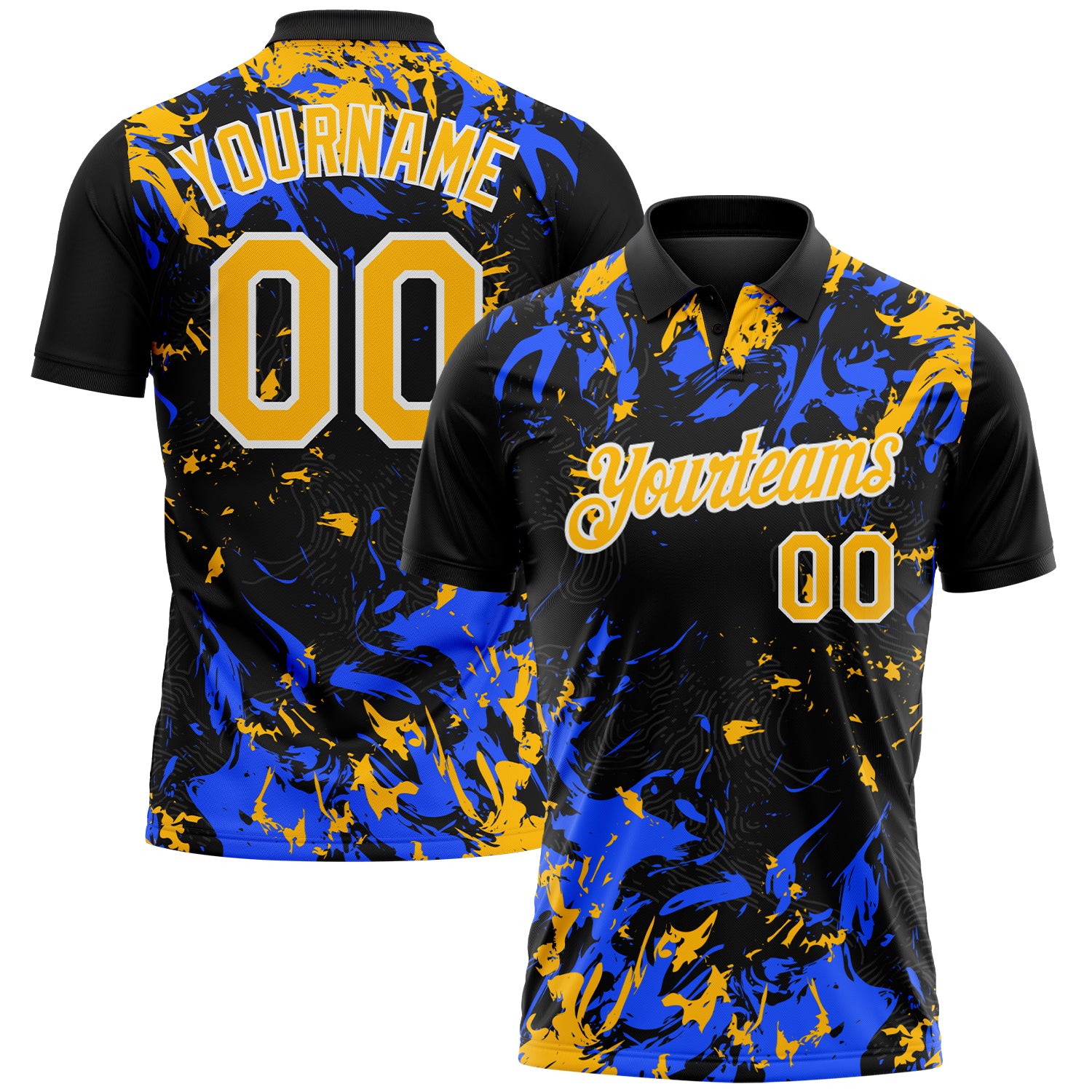 Custom Black Gold Royal-White Dynamic Splatter Brush Stroke Performance Polo Shirt