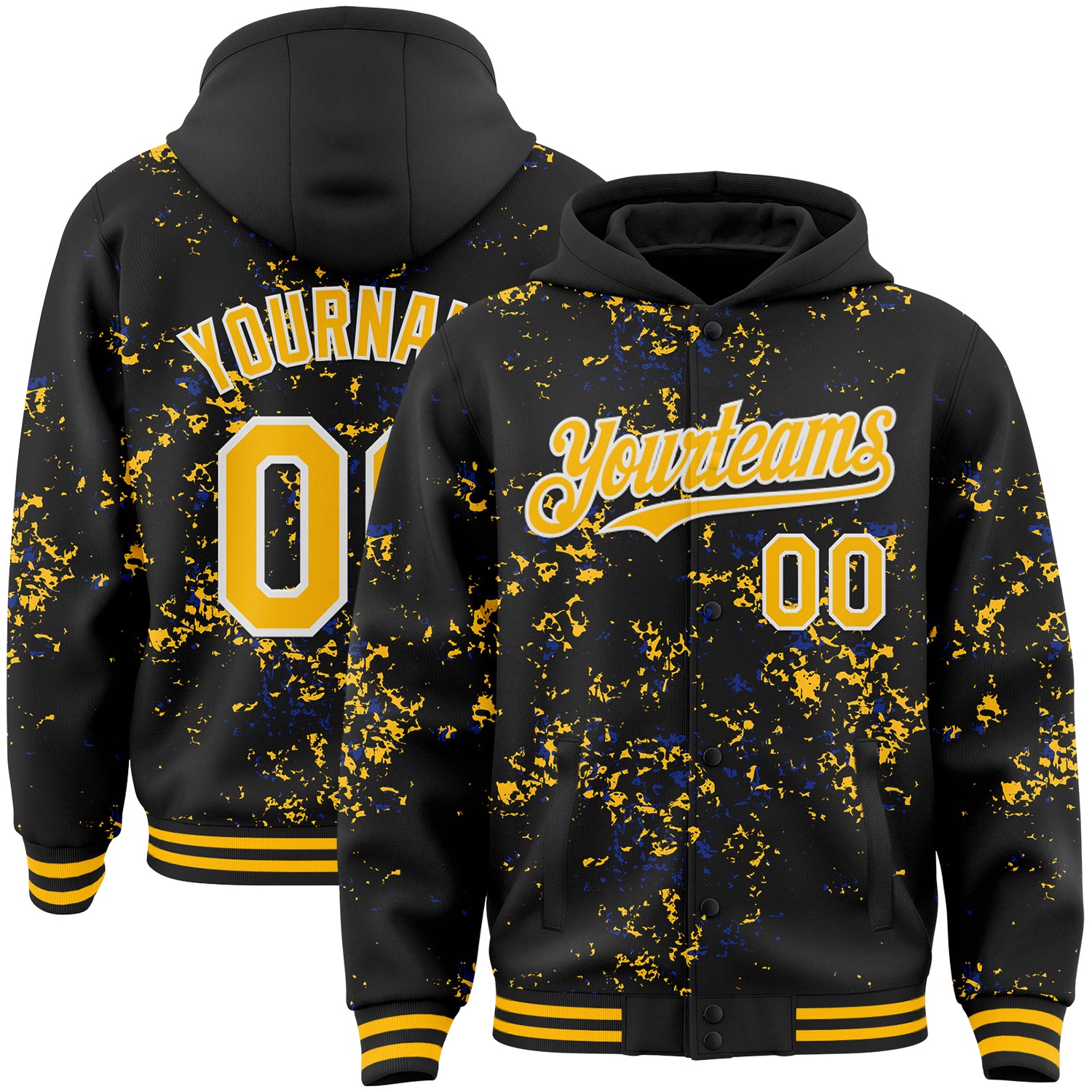 Custom Black Gold Royal-White Fragment 3D Pattern Design Bomber Full-Snap Varsity Letterman Hoodie Jacket