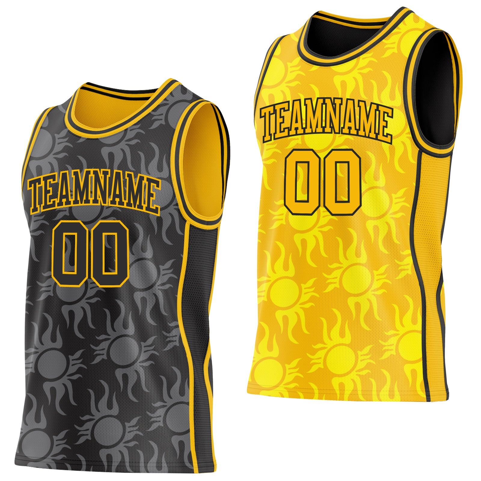 Custom Black-Gold Side Panel Stripe Sun Flame Reversible Double Side Sublimation Basketball Set Jersey