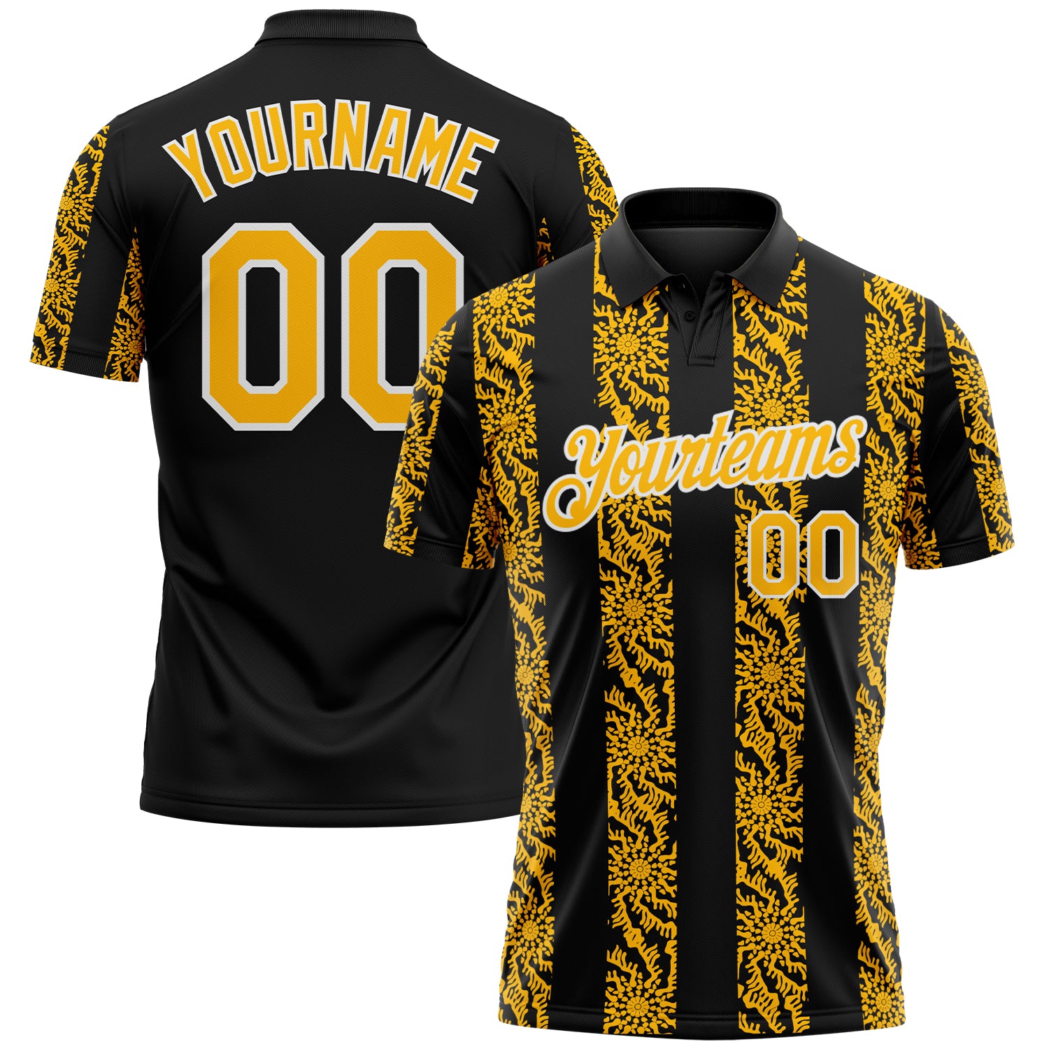 Custom Black Gold-White 3D Pattern Abstract Floral Stripe Tribal Performance Polo Shirt