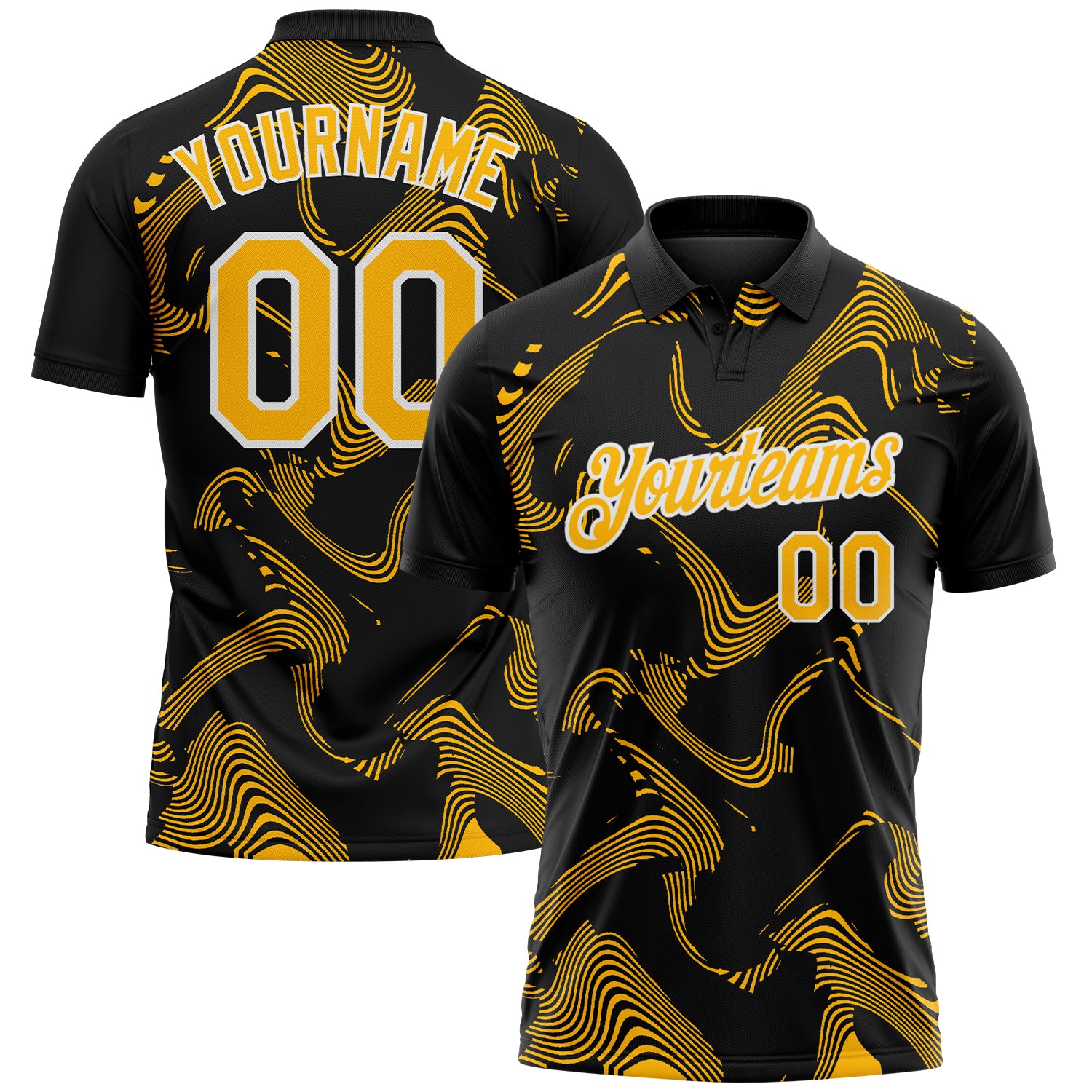 Custom Black Gold-White 3D Pattern Abstract Fluid Swirl Line Performance Polo Shirt