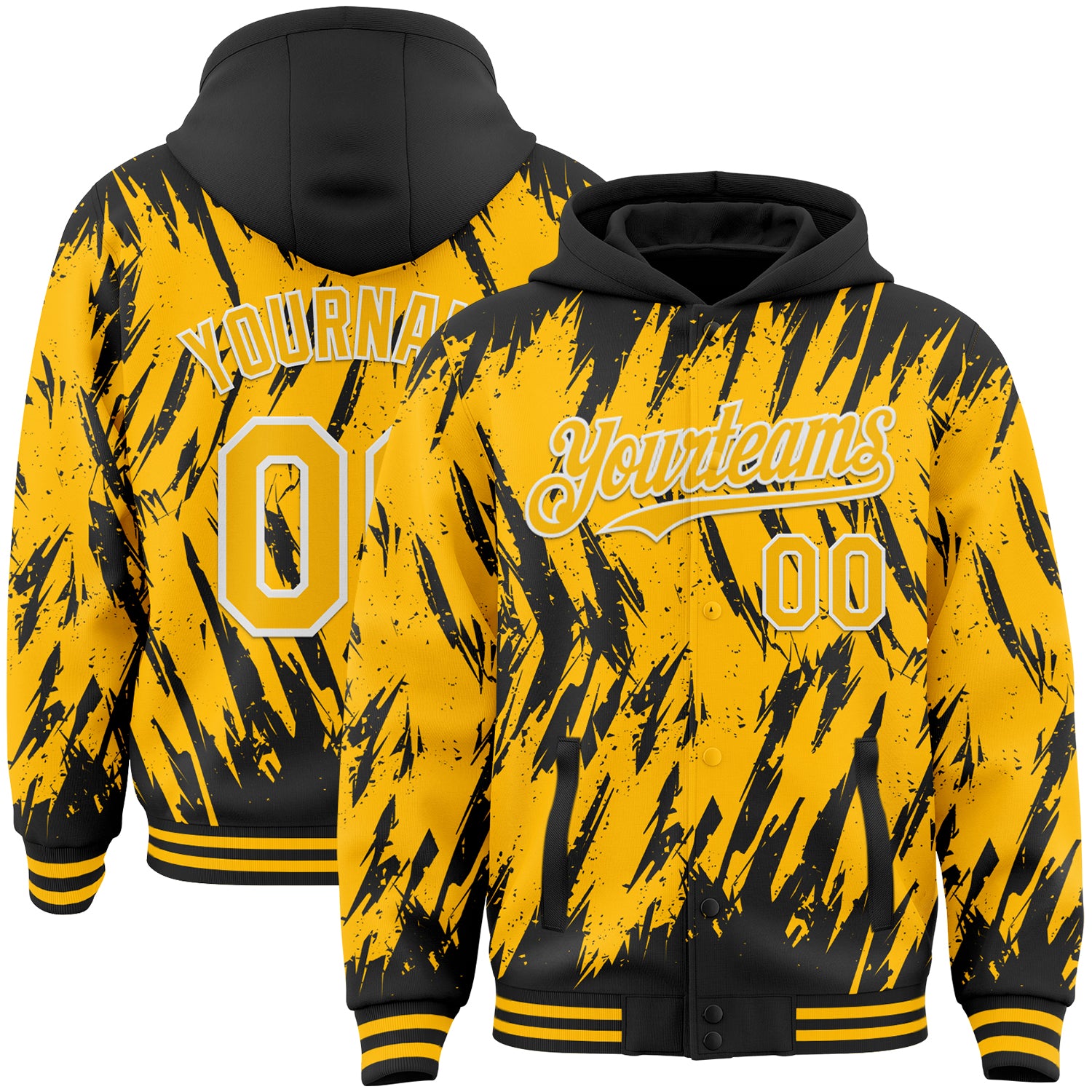 Custom Black Gold-White Abstract Sharp Shape Fragment 3D Pattern Design Bomber Full-Snap Varsity Letterman Hoodie Jacket