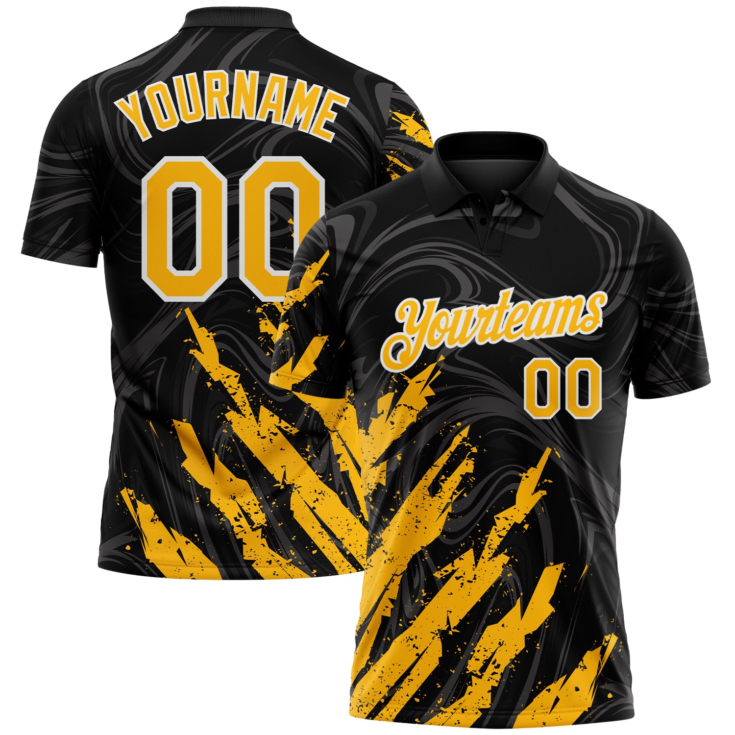 Custom Black Gold-White Brush Stroke Splatter Liquid Swirl Performance Polo Shirt