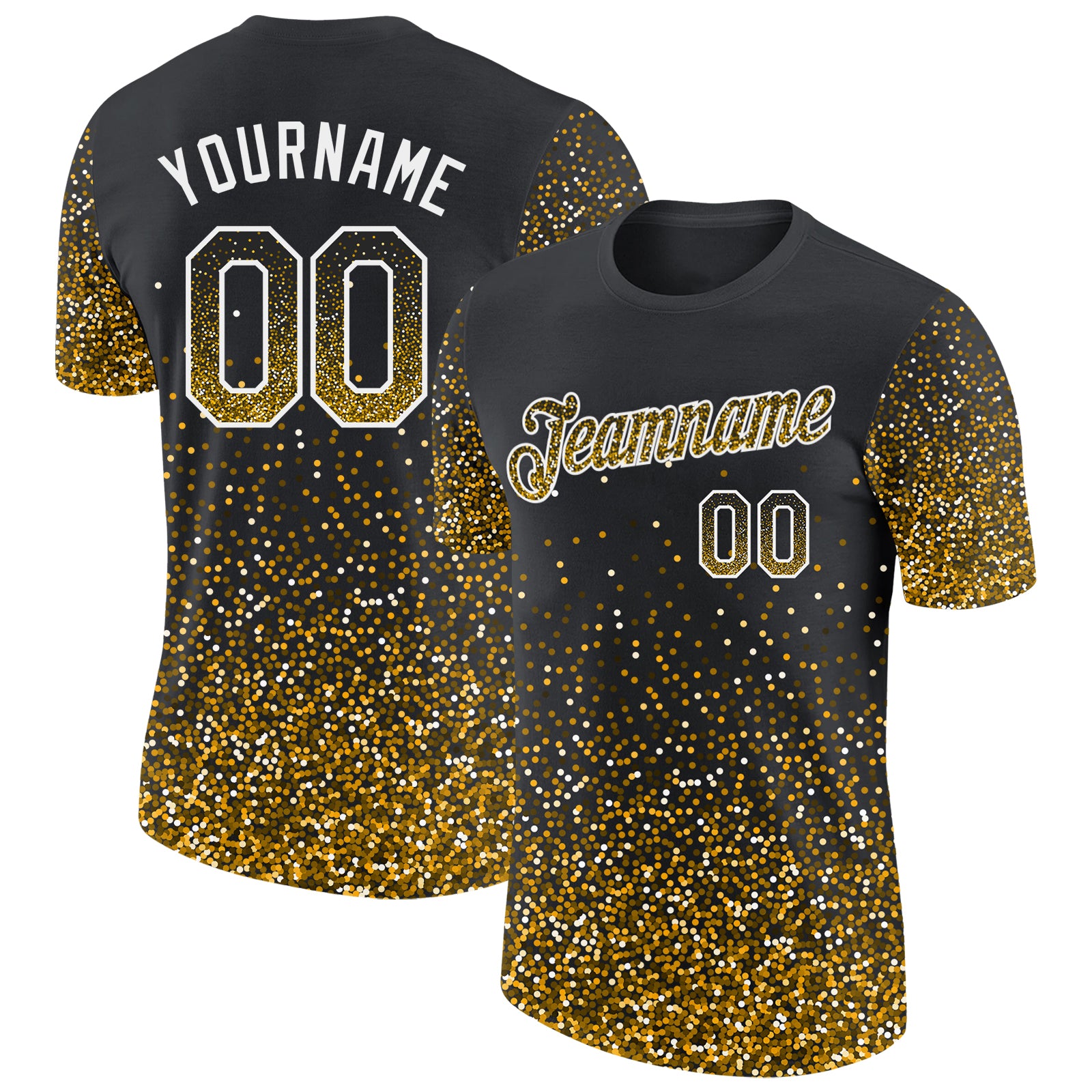 Custom Black Gold-White Colorful Sparkle Gradient Dots Performance T-Shirt