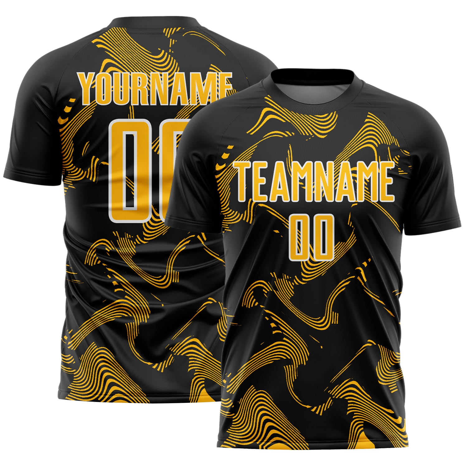 Custom Black Gold-White Curve Lines Sports Sublimation Soccer Uniform Jersey