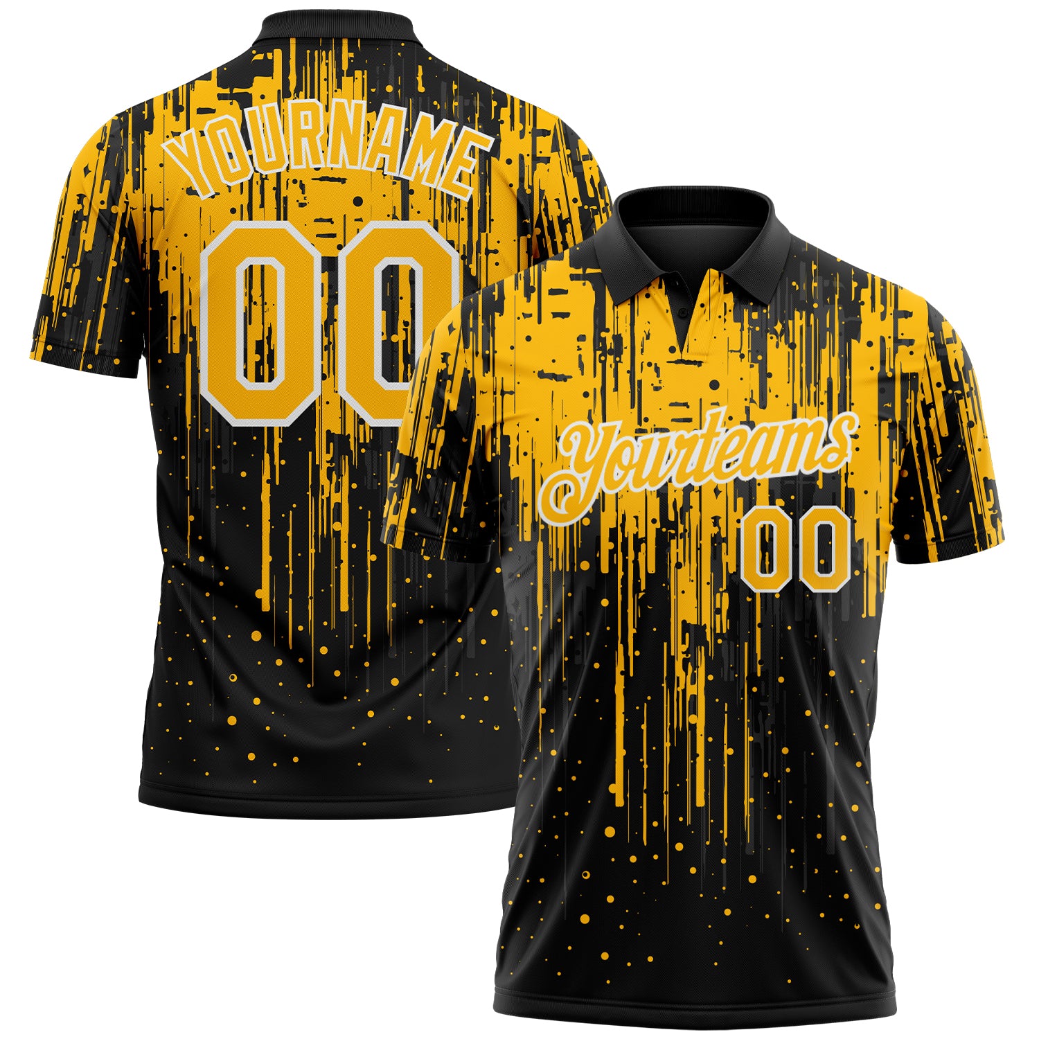 Custom Black Gold-White Dripping Splatter Paint Performance Polo Shirt