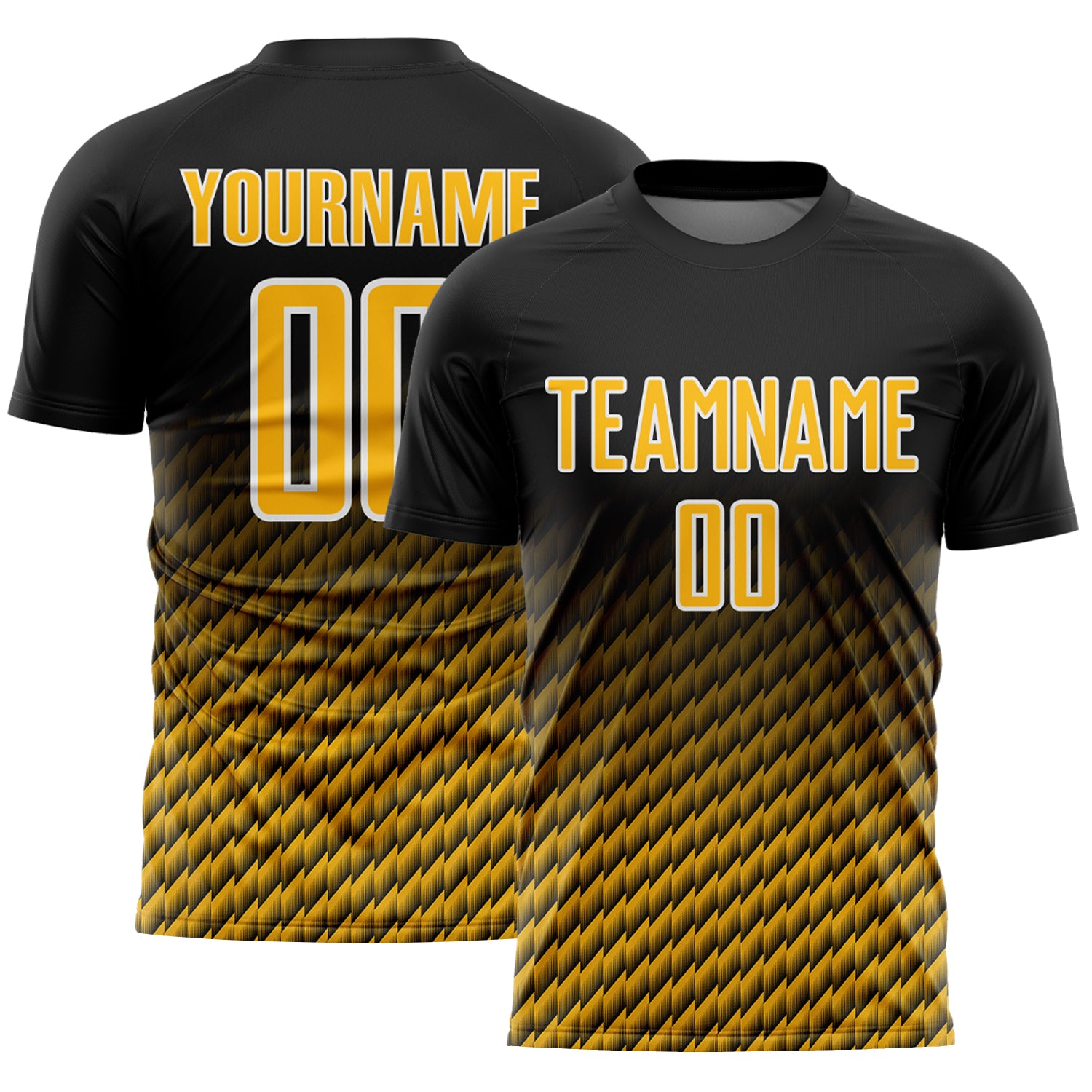 Custom Black Gold-White Geometric Wave Gradient Sublimation Soccer Uniform Jersey