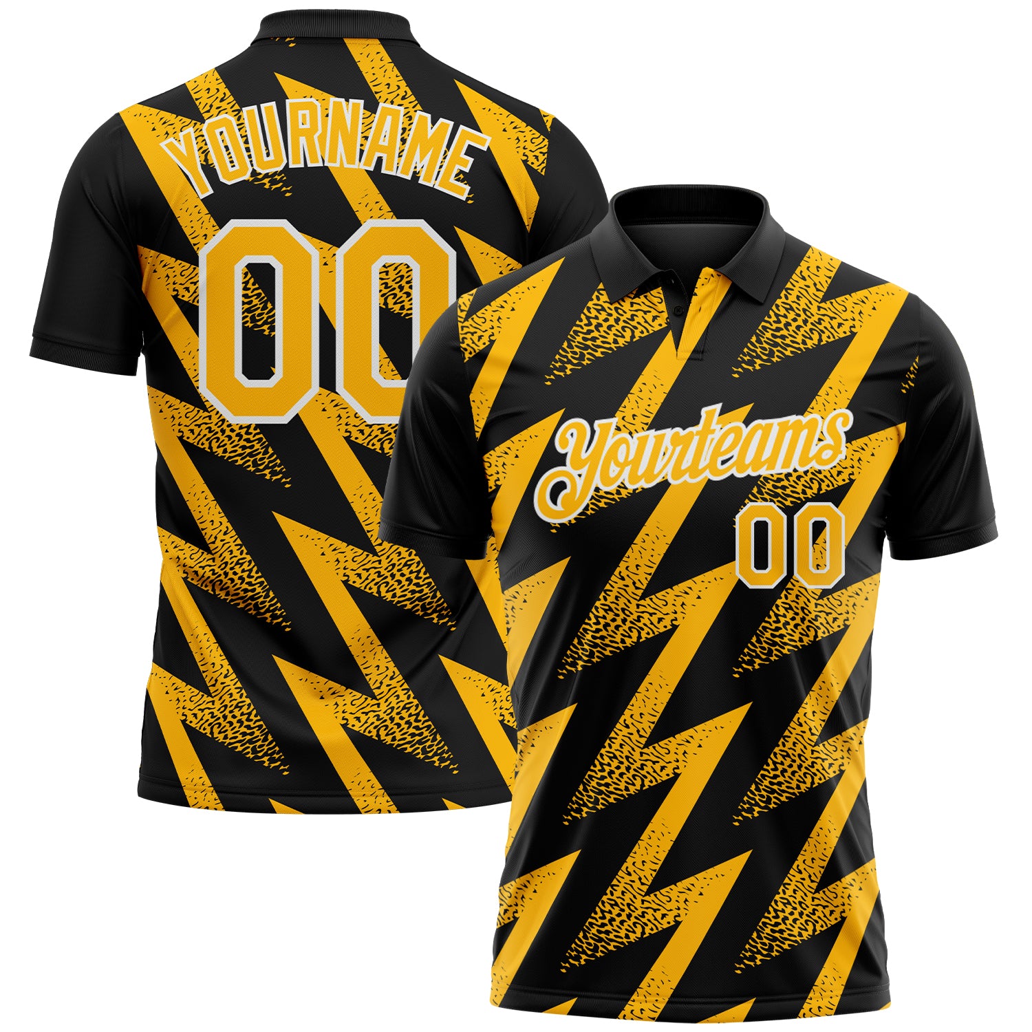 Custom Black Gold-White Geometric Zigzag Shape Lightning Performance Polo Shirt