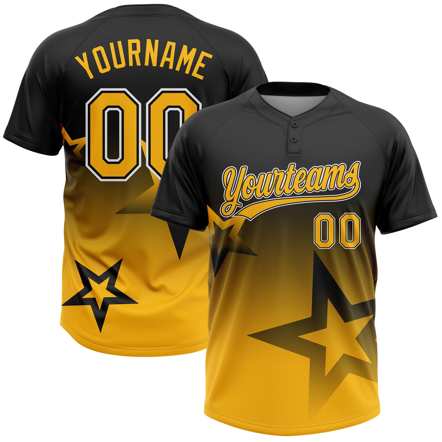 Custom Black Gold-White Gradient Style Twinkle Star Two-Button Unisex Softball Jersey