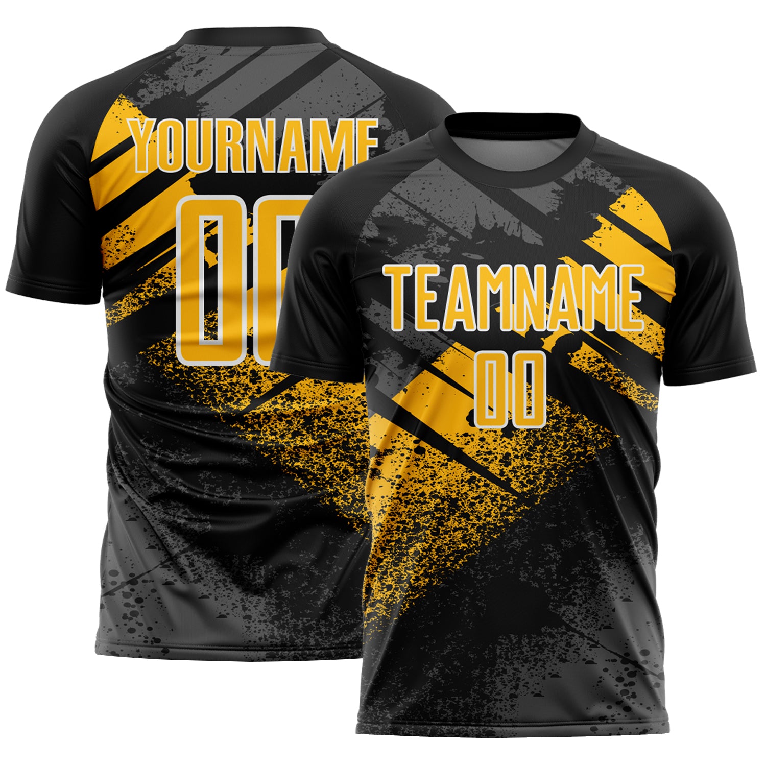 Custom Black Gold-White Grunge Splatter Brush Stroke Sublimation Soccer Uniform Jersey