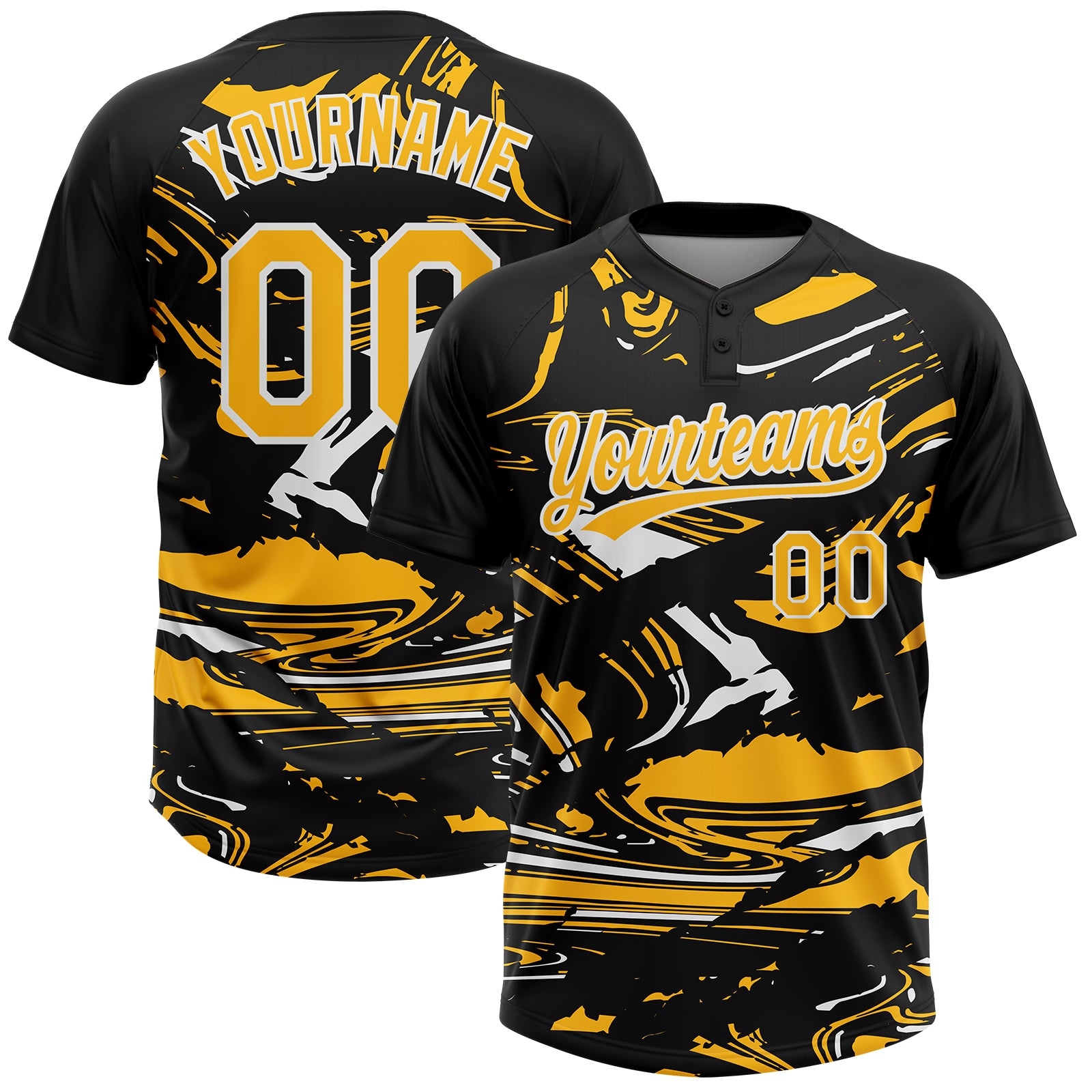 Custom Black Gold-White Raglan Sleeves Abstract Fluid Marble Two-Button Unisex Softball Jersey