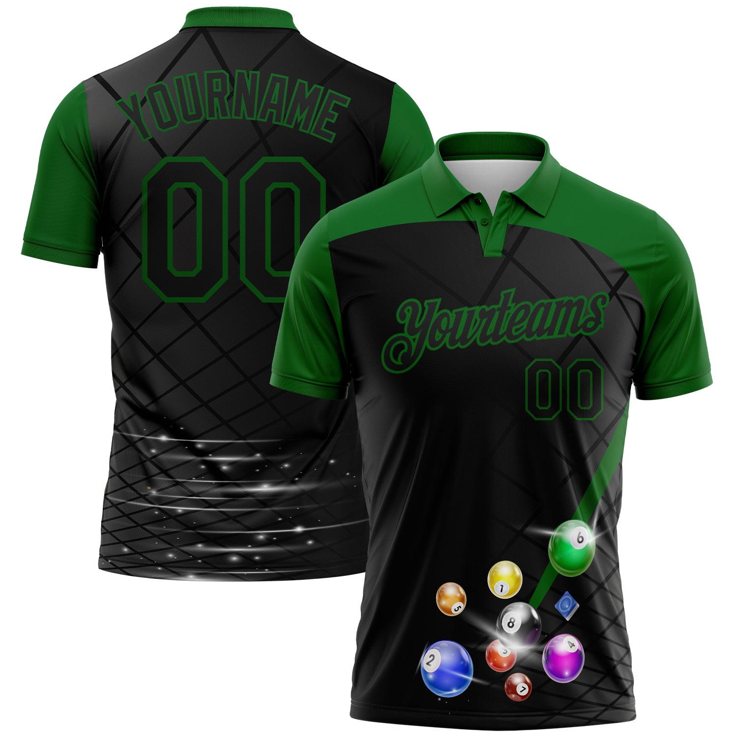 Custom Black-Grass Green Billiard Balls Performance Polo Shirt