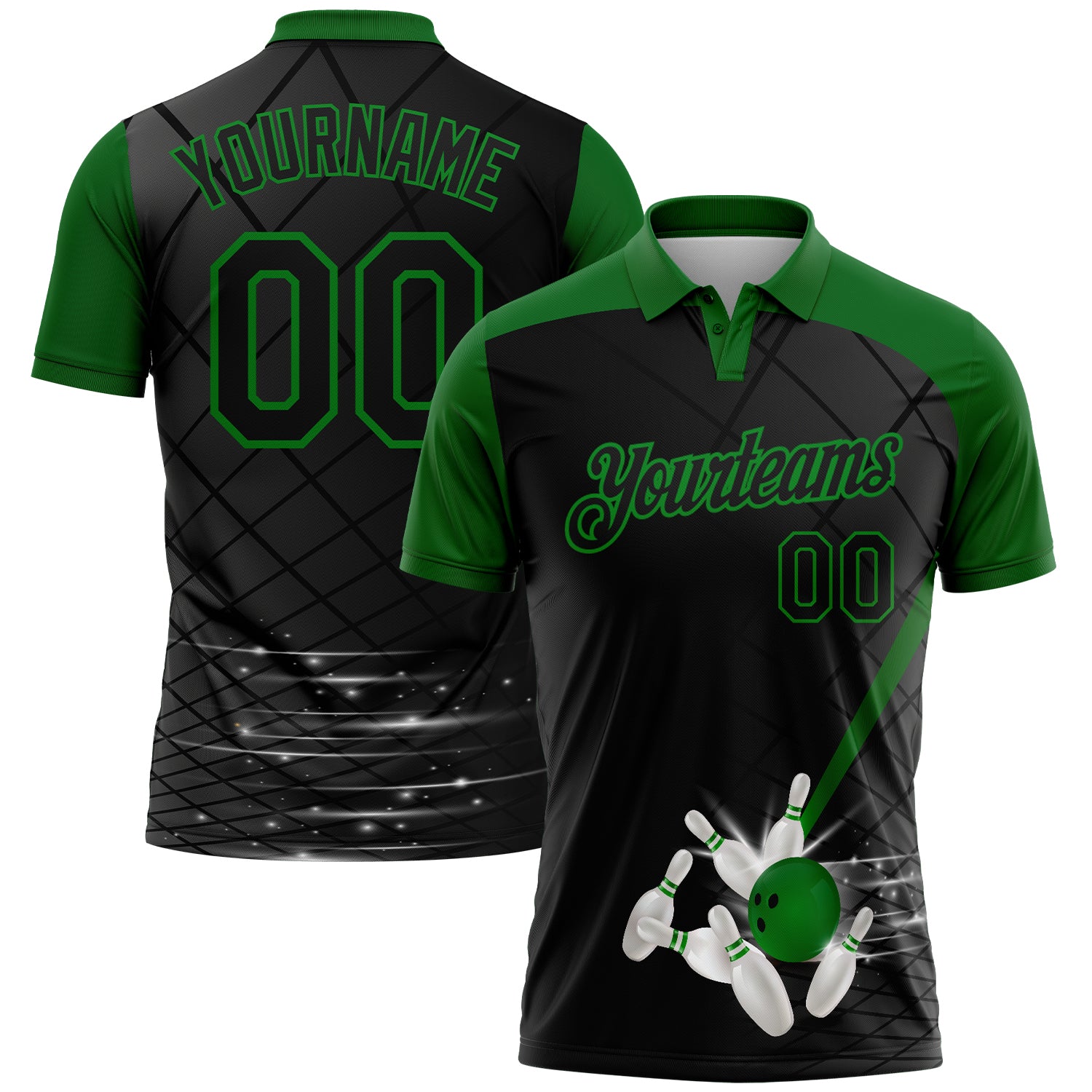 Custom Black-Grass Green Bowling Geometric Grid Performance Polo Shirt