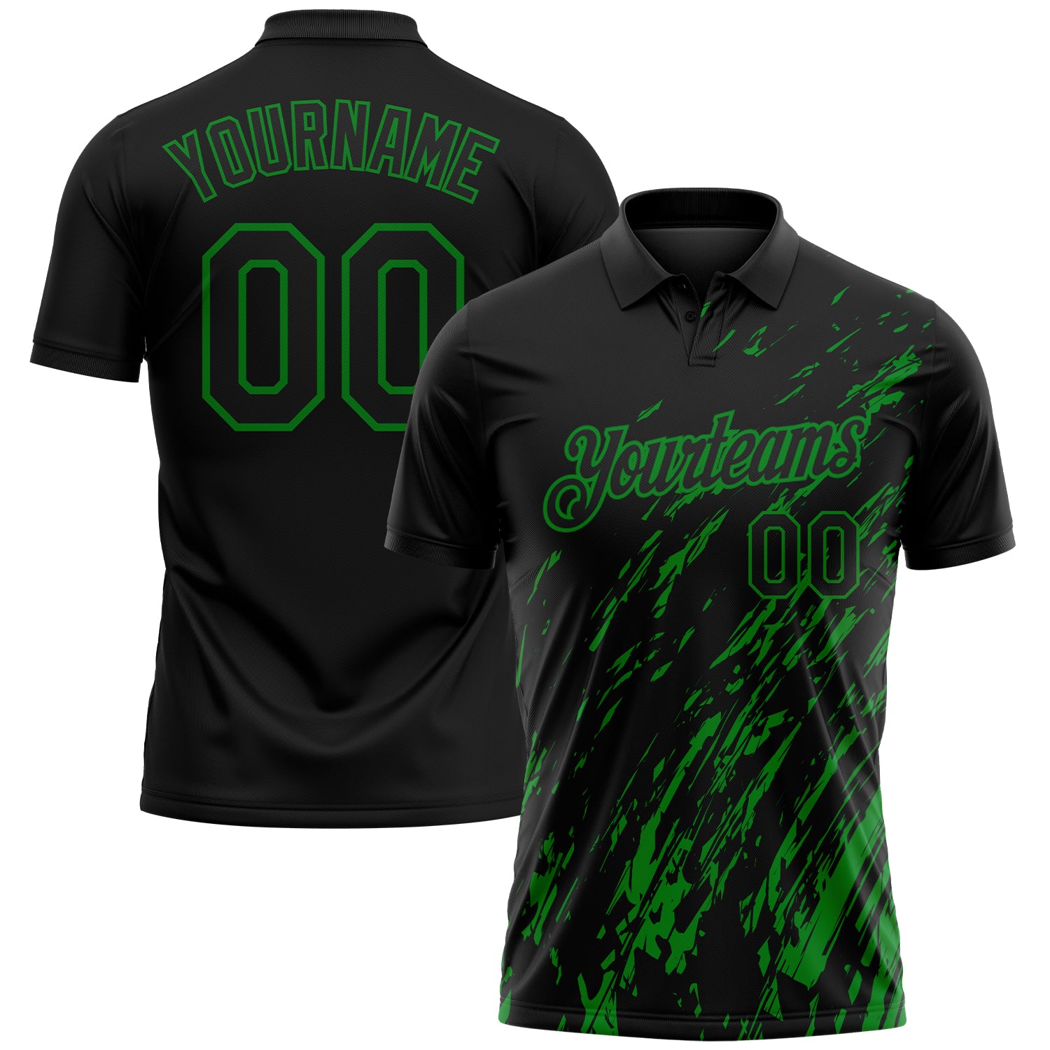 Custom Black-Grass Green Paint Stroke Grunge Streak Performance Polo Shirt
