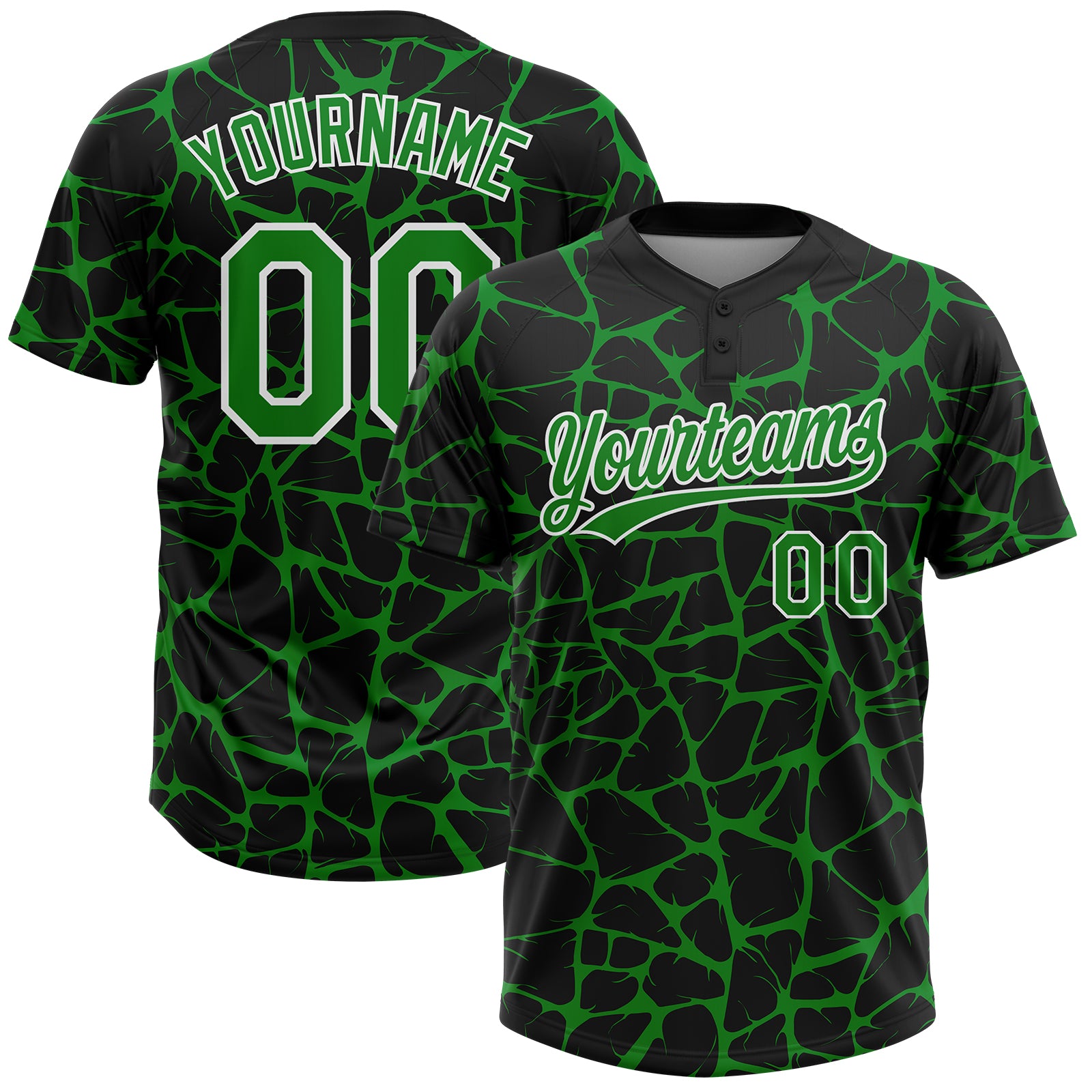 Custom Black Grass Green-White 3D Pattern Design Abstract Network Crackle Two-Button Unisex Softball Jersey