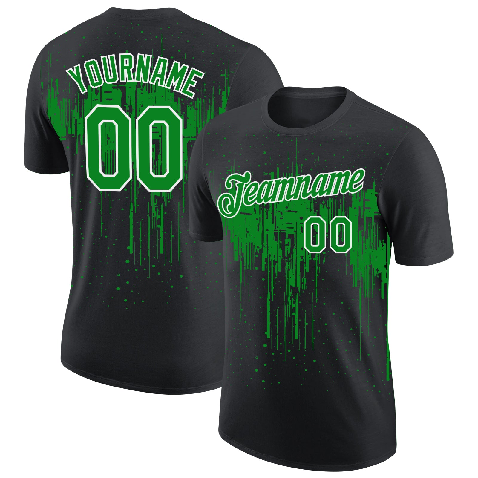 Custom Black Grass Green-White Dripping Splatter Paint Performance T-Shirt