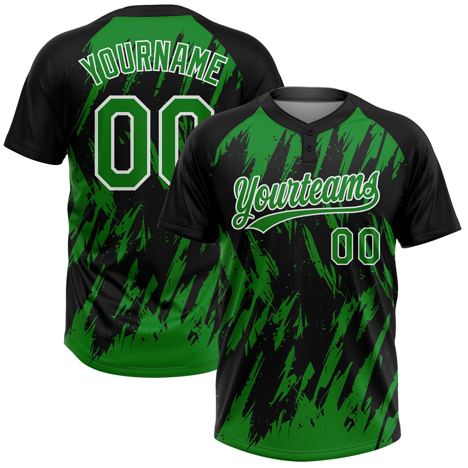 Custom Black Grass Green-White Splatter Torn Sharp Brush Stroke Two-Button Unisex Softball Jersey